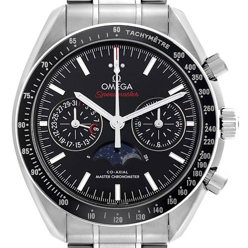 The Omega Speedmaster watch is shown from a front angle, highlighting the dial, tachymeter, and crown.