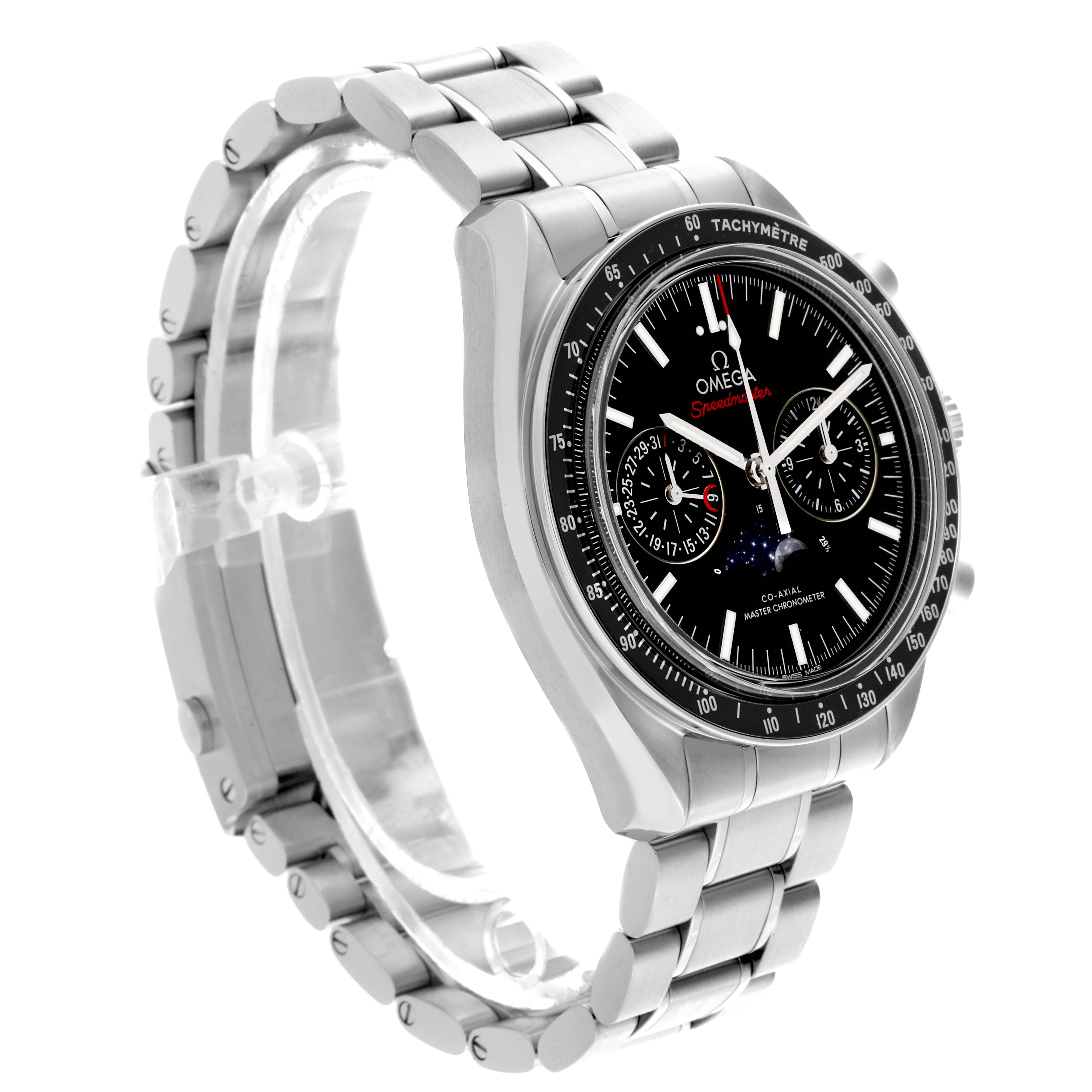 The Omega Speedmaster 304.30.44.52.01.001 Men
s Stainless Steel Black Dial 304.30.44.52.01.001 Men
s Stainless Steel Black Dial watch is shown at a three-quarter angle, highlighting the bracelet and tachymeter bezel.