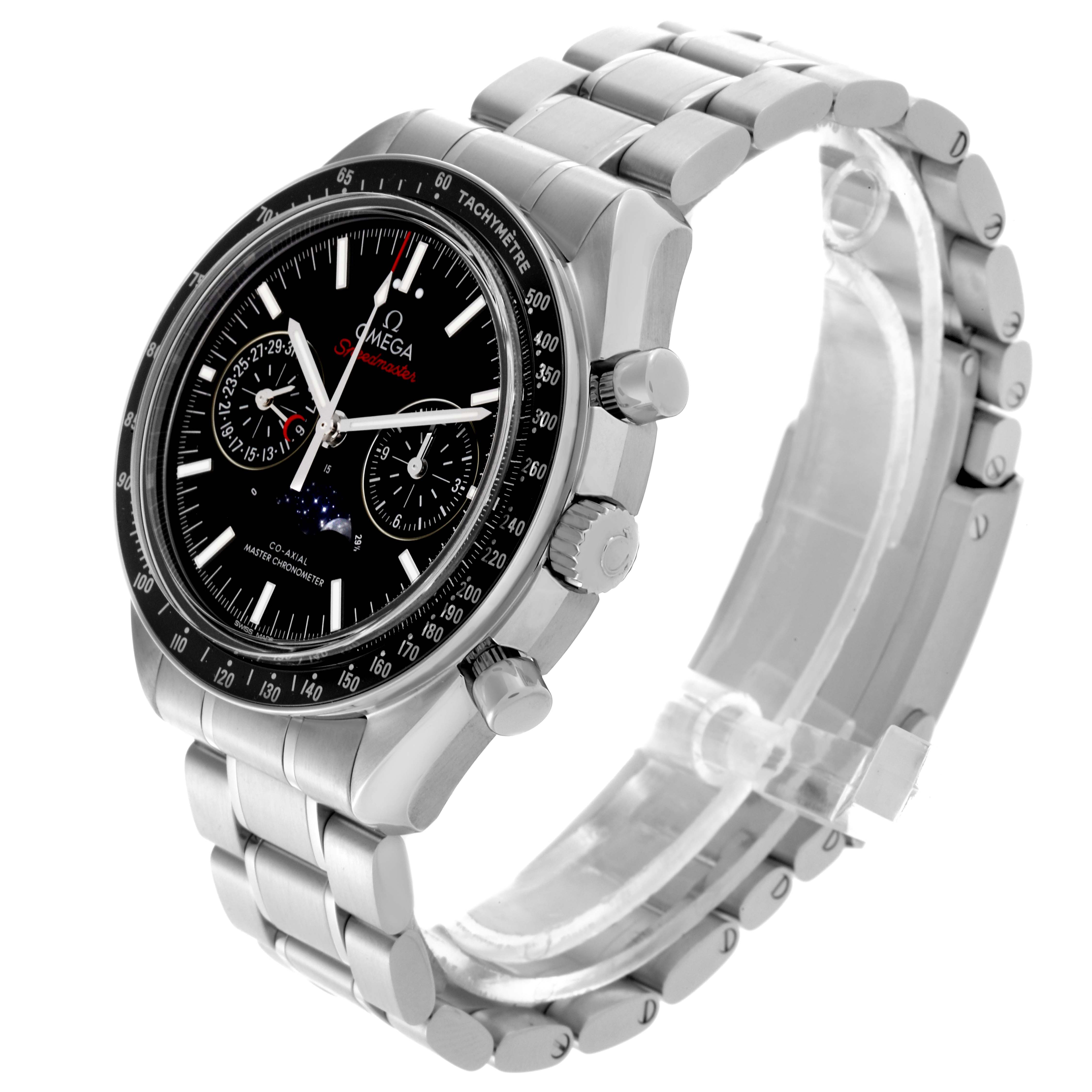 The Omega Speedmaster 304.30.44.52.01.001 Men
s Stainless Steel Black Dial 304.30.44.52.01.001 Men
s Stainless Steel Black Dial watch is shown at a three-quarter angle, highlighting the face, crown, pushers, and bracelet.