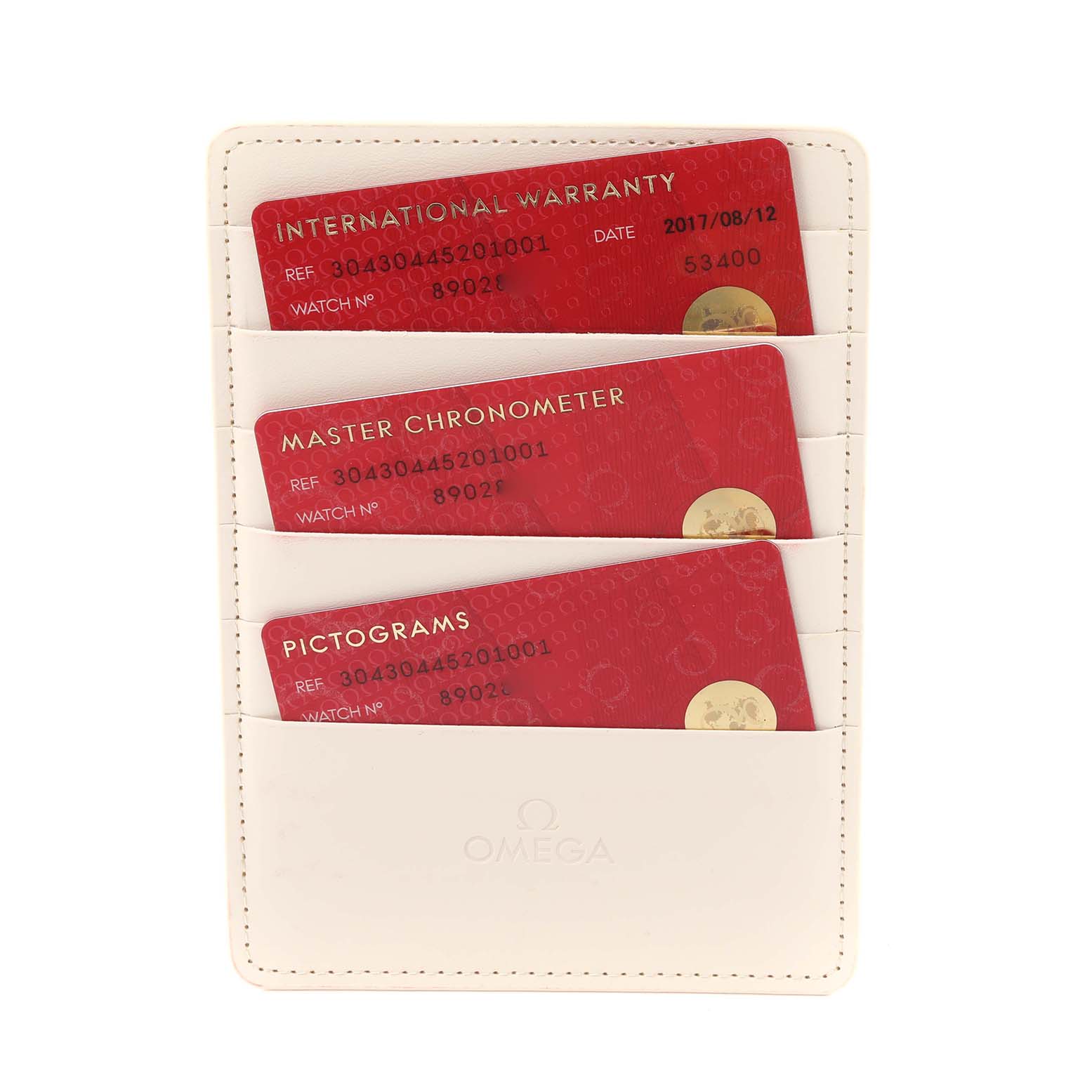 The image shows the warranty cards and documentation holder for an Omega Speedmaster 304.30.44.52.01.001 Men
s Stainless Steel Black Dial 304.30.44.52.01.001 Men
s Stainless Steel Black Dial watch.