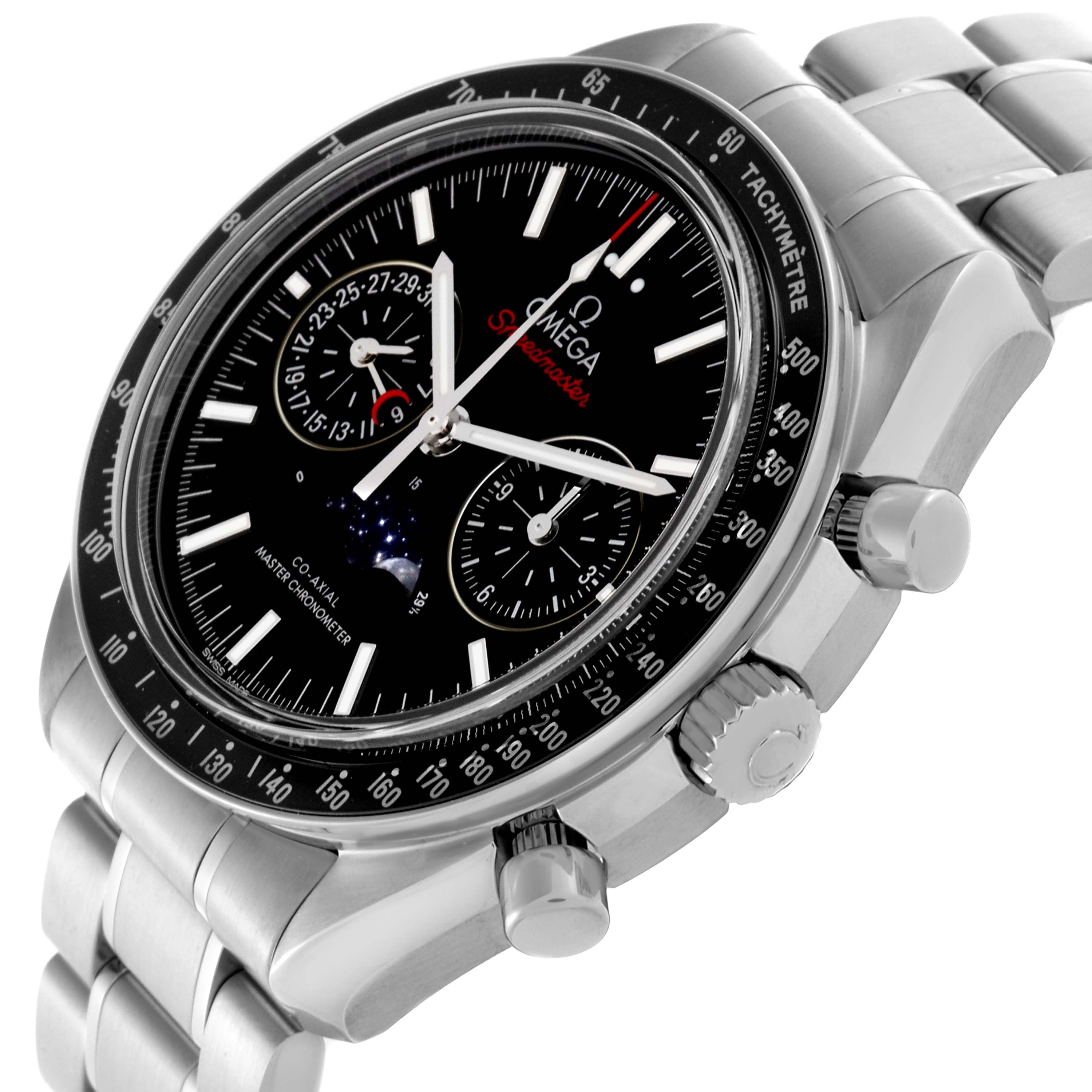 The image shows an Omega Speedmaster 304.30.44.52.01.001 Men
s Stainless Steel Black Dial 304.30.44.52.01.001 Men
s Stainless Steel Black Dial watch at a three-quarter angle, highlighting the face, bezel, and bracelet.