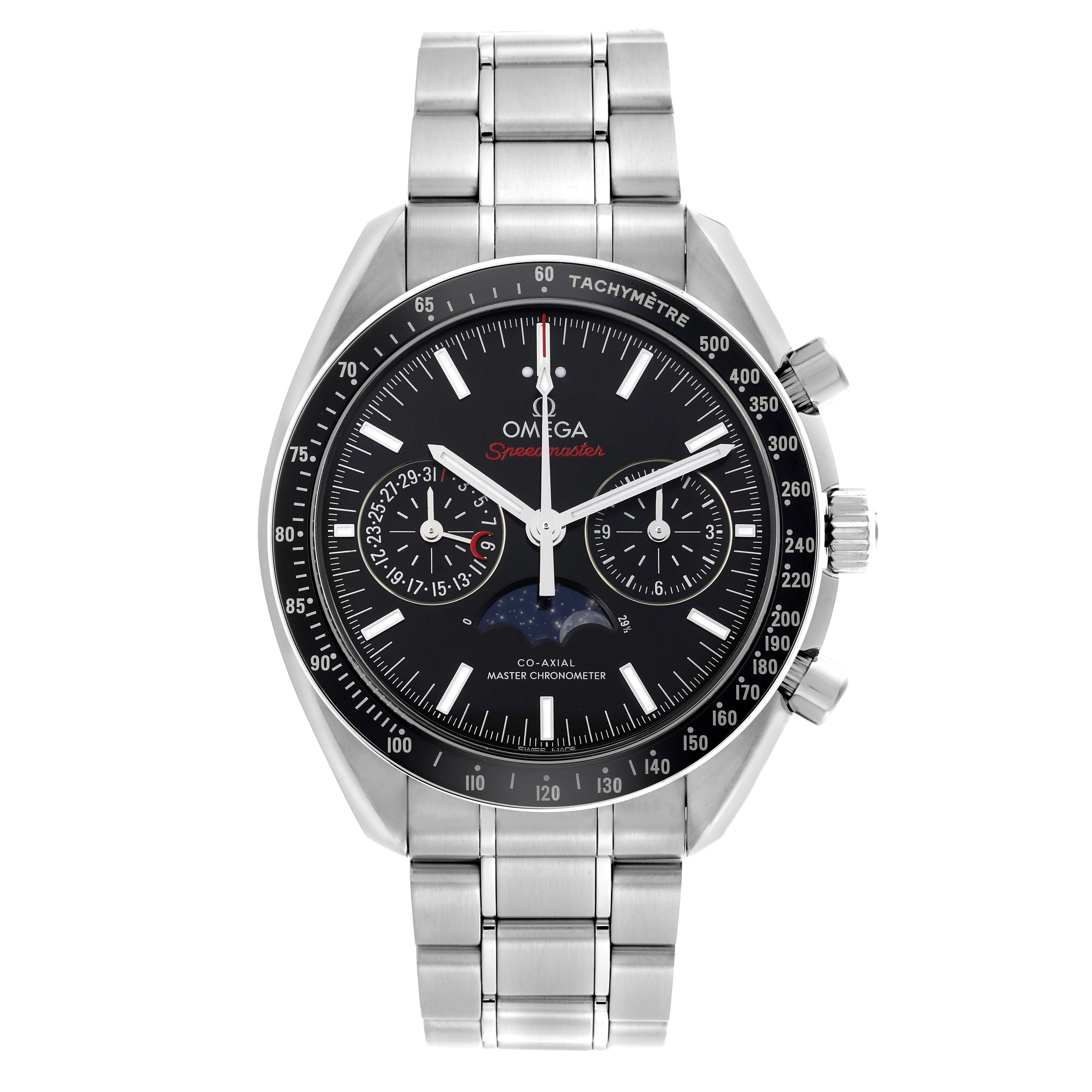 The Omega Speedmaster 304.30.44.52.01.001 Men
s Stainless Steel Black Dial 304.30.44.52.01.001 Men
s Stainless Steel Black Dial watch is shown from the front, displaying the dial, tachymeter bezel, and stainless steel bracelet.