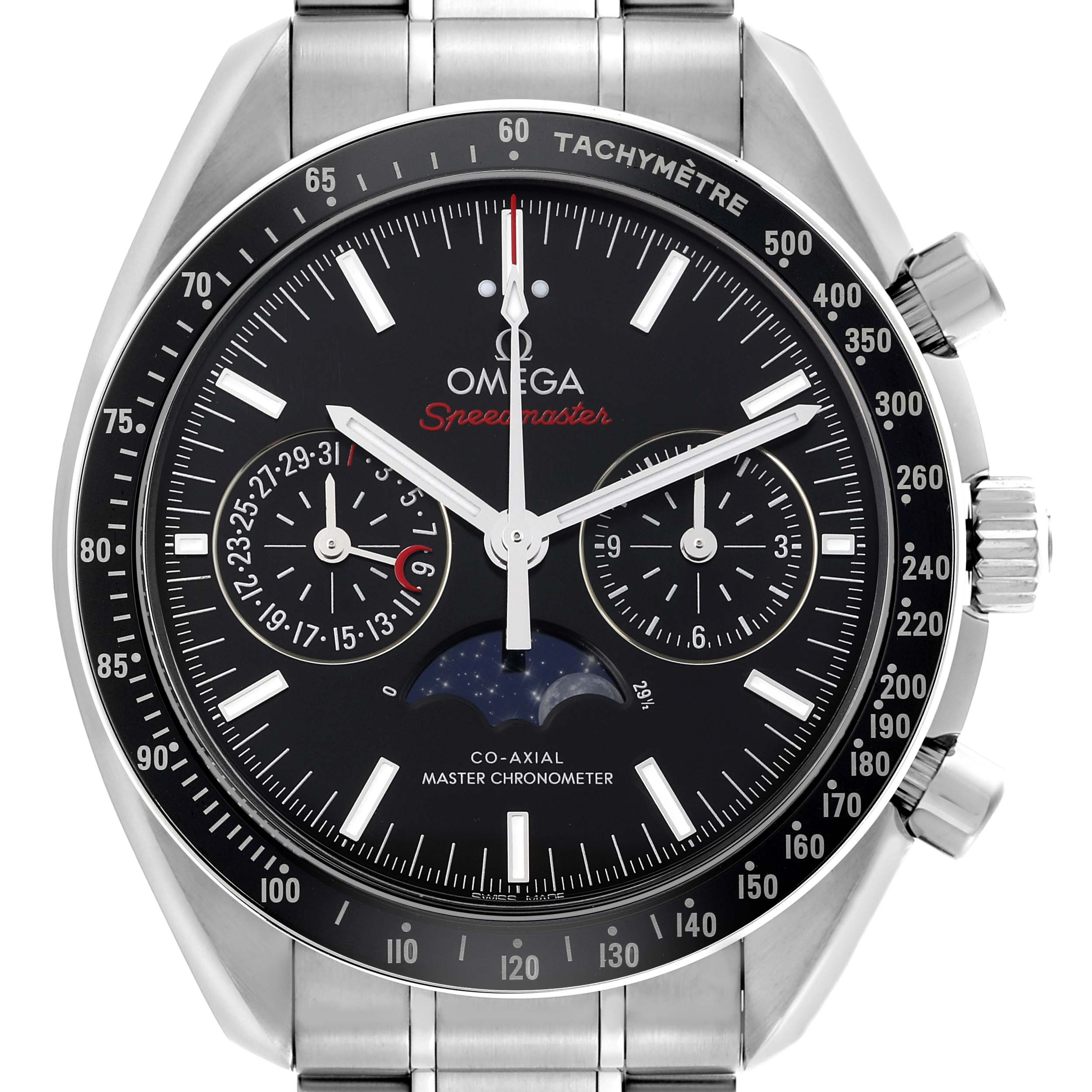 The Omega Speedmaster 304.30.44.52.01.001 Men
s Stainless Steel Black Dial 304.30.44.52.01.001 Men
s Stainless Steel Black Dial watch is shown from the front, displaying its dial, hands, subdials, bezel, and portion of the bracelet.