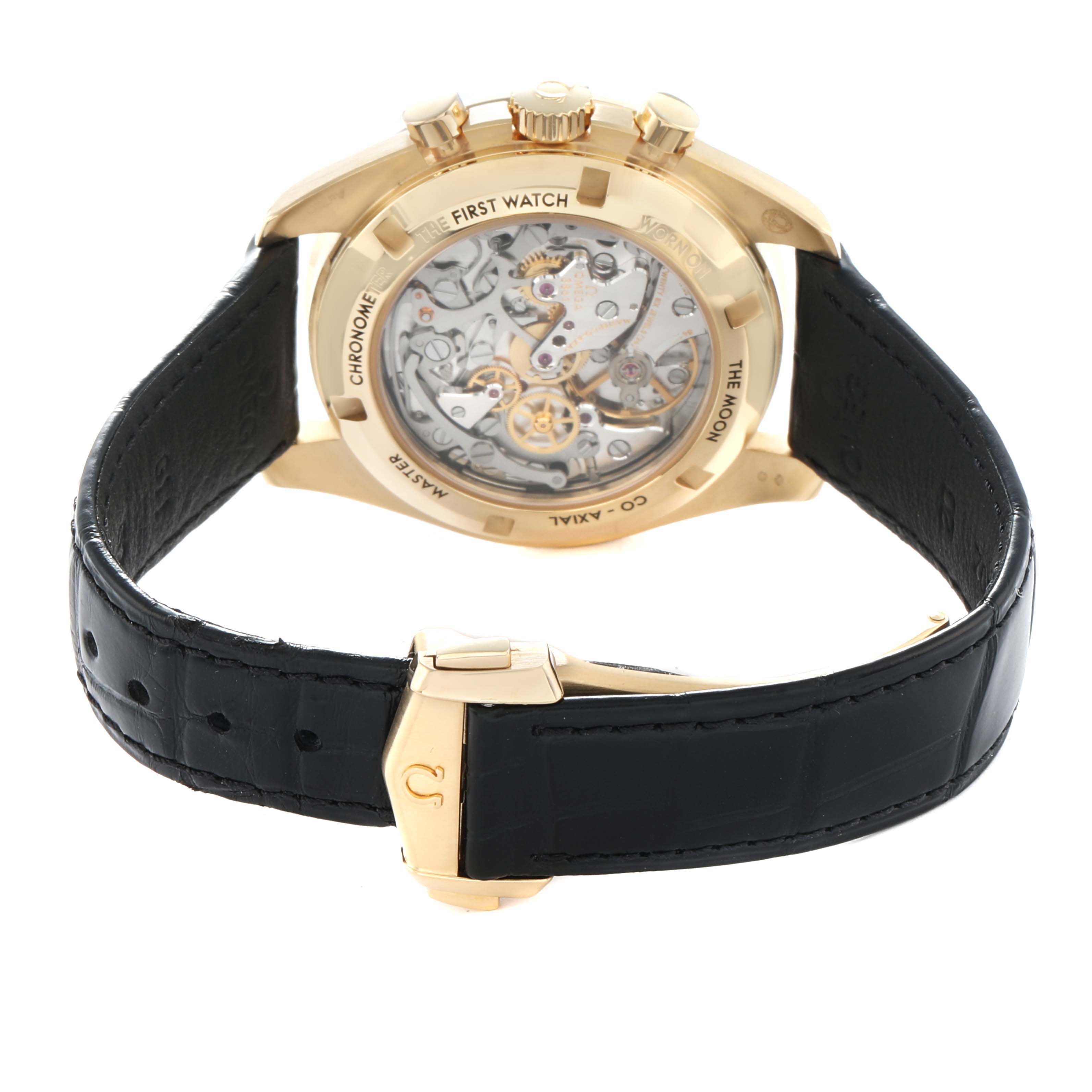 The Omega Speedmaster 310.62.42.50.99.001 Men
s Yellow Gold Yellow Dial is shown from the back, highlighting its transparent case back and visible movement.