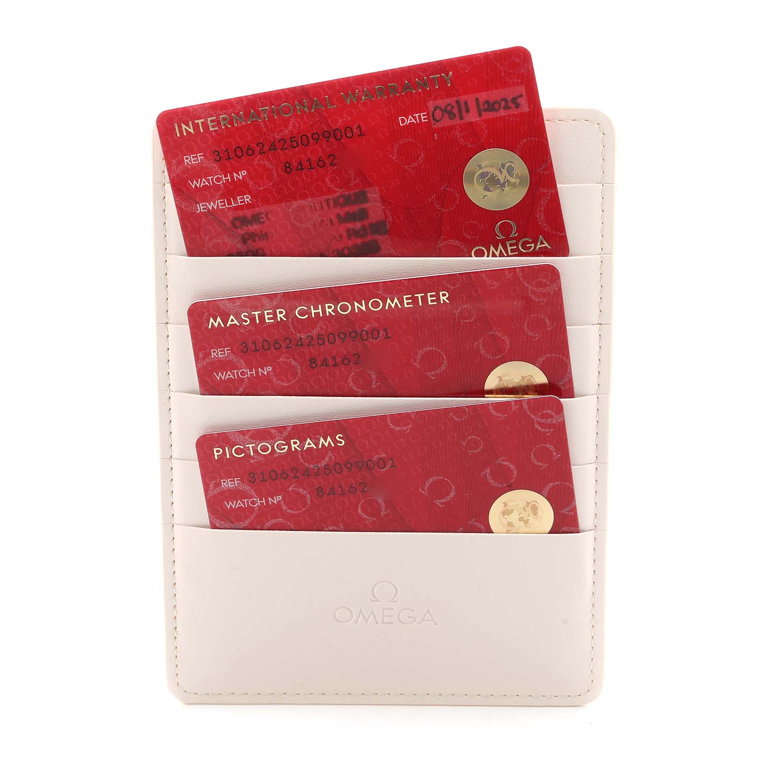 The image shows Omega Speedmaster 310.62.42.50.99.001 Men
s Yellow Gold Yellow Dial model warranty and informational cards in a holder, viewed from the front.