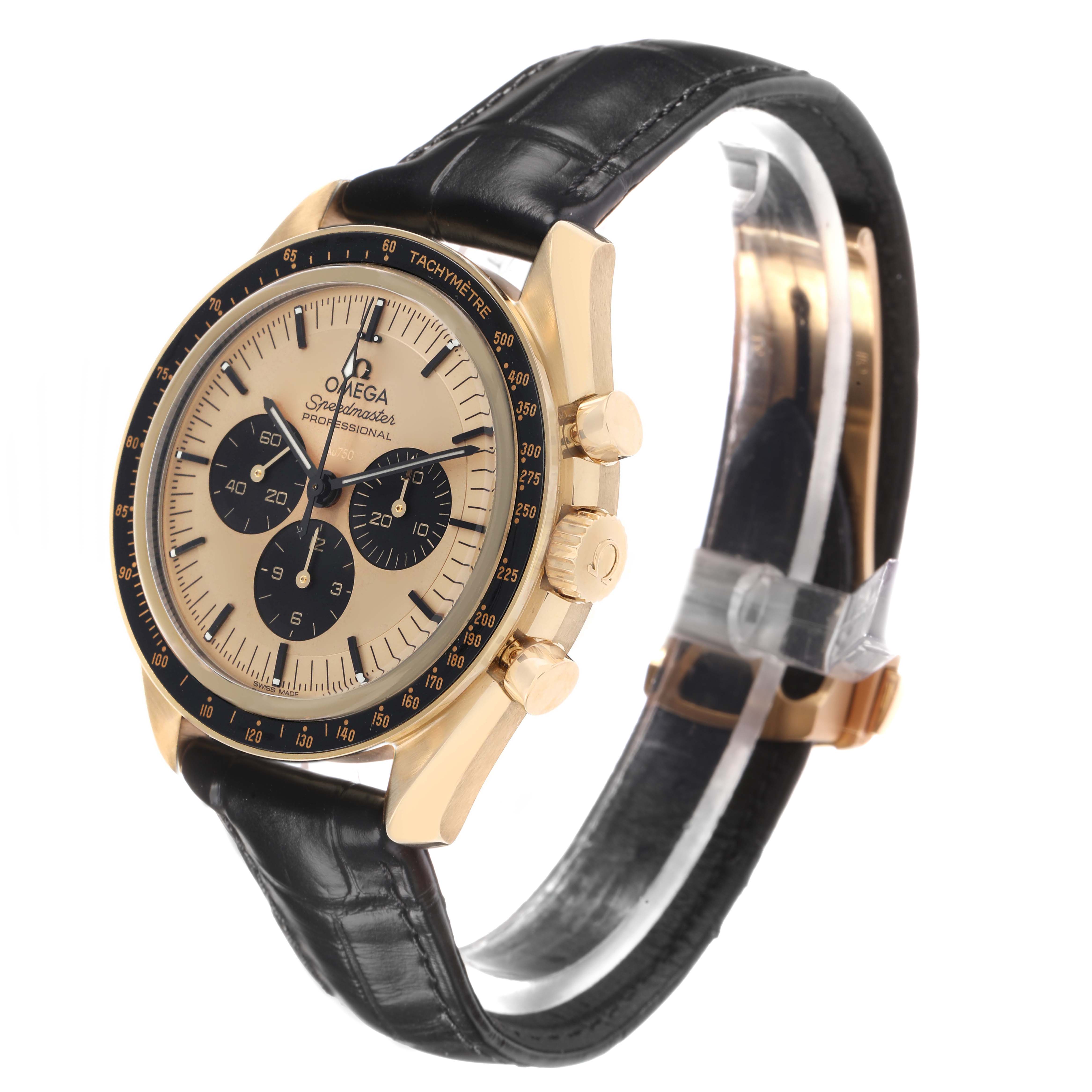 The Omega Speedmaster 310.62.42.50.99.001 Men
s Yellow Gold Yellow Dial watch is shown at a side angle, displaying its bezel, dial, crown, and pushers, along with a black leather strap.