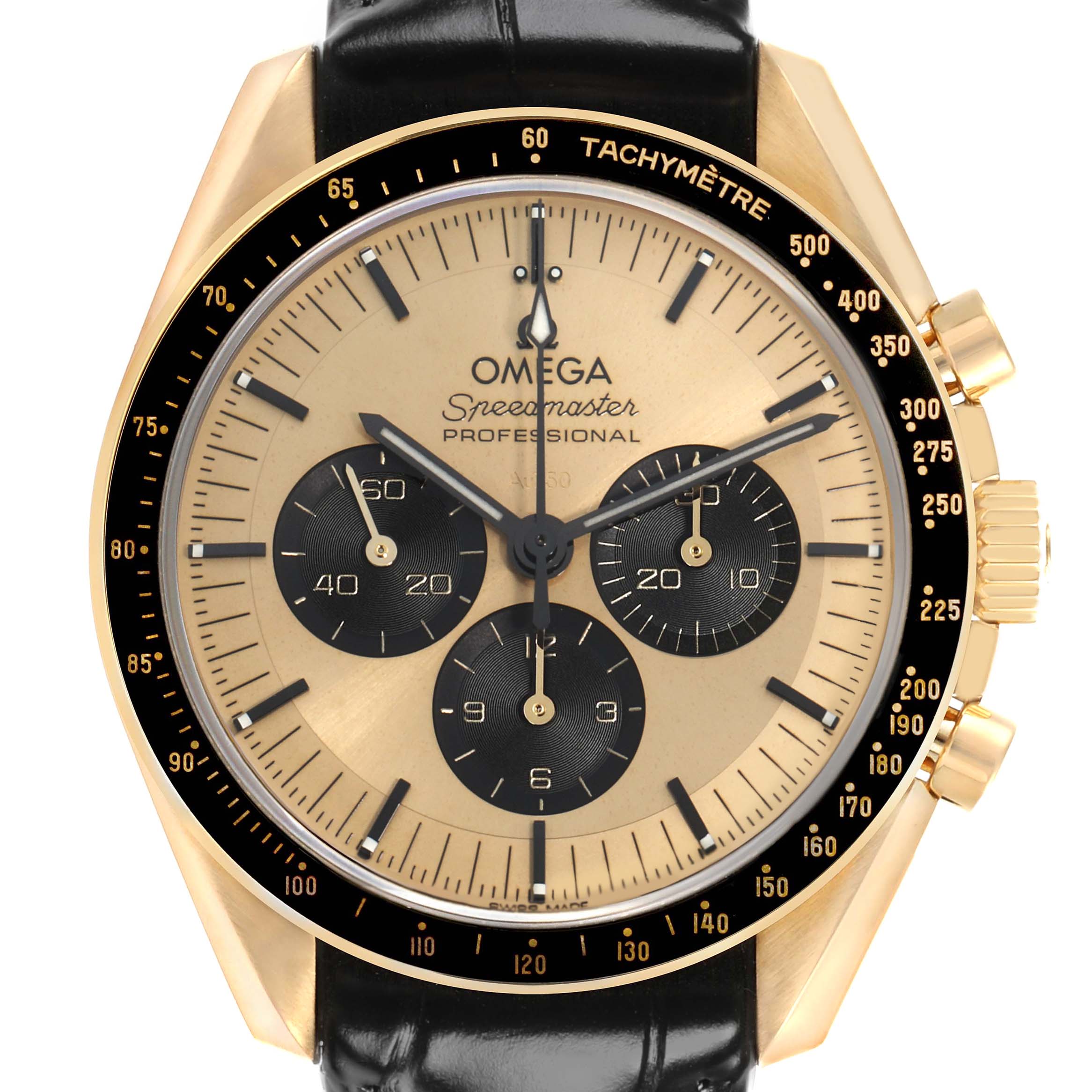 The Omega Speedmaster 310.62.42.50.99.001 Men
s Yellow Gold Yellow Dial model is shown from a frontal angle, highlighting the dial, bezel, and chronograph subdials.