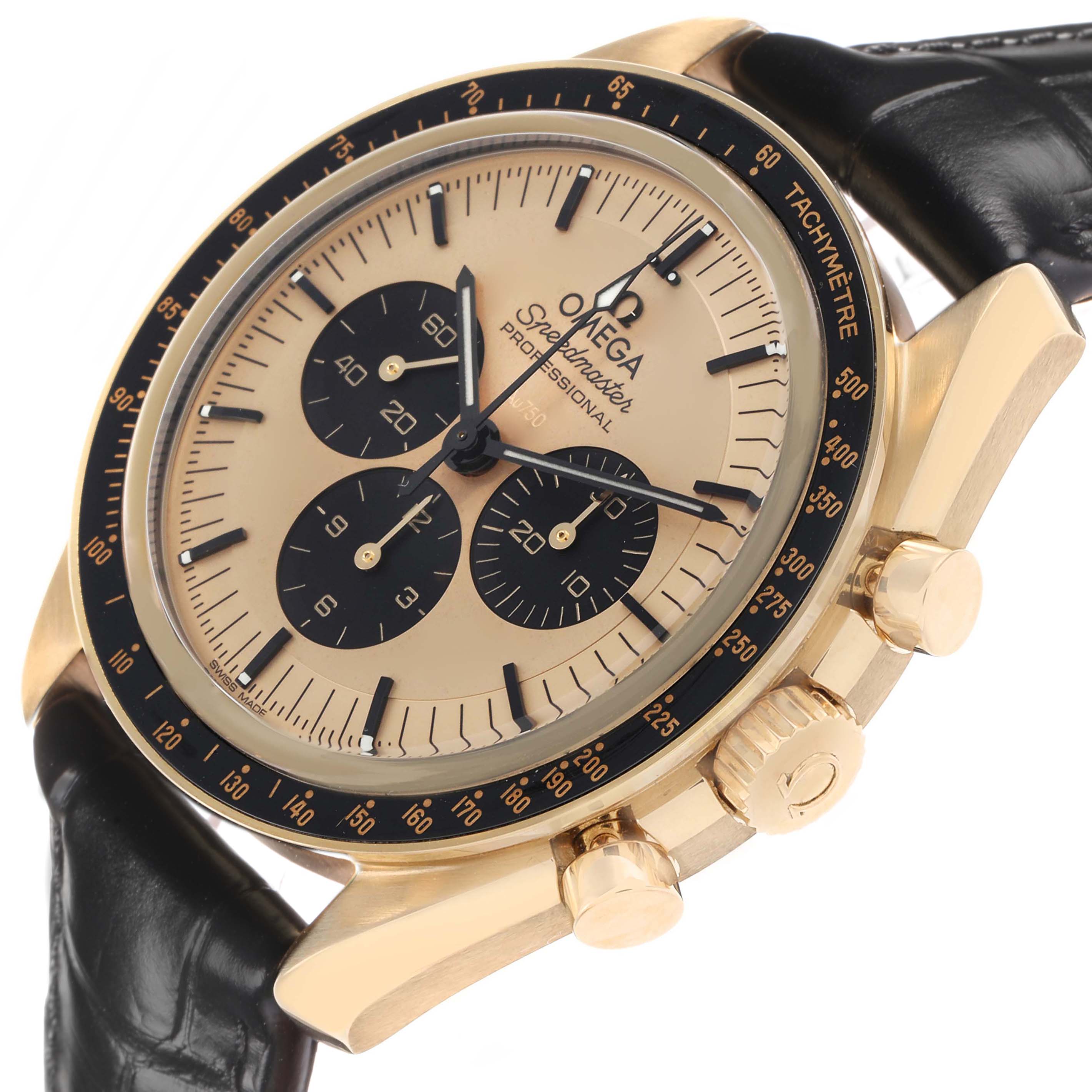 The Omega Speedmaster 310.62.42.50.99.001 Men
s Yellow Gold Yellow Dial watch is shown from a side angle, highlighting the bezel, dial, sub-dials, crown, and pushers.