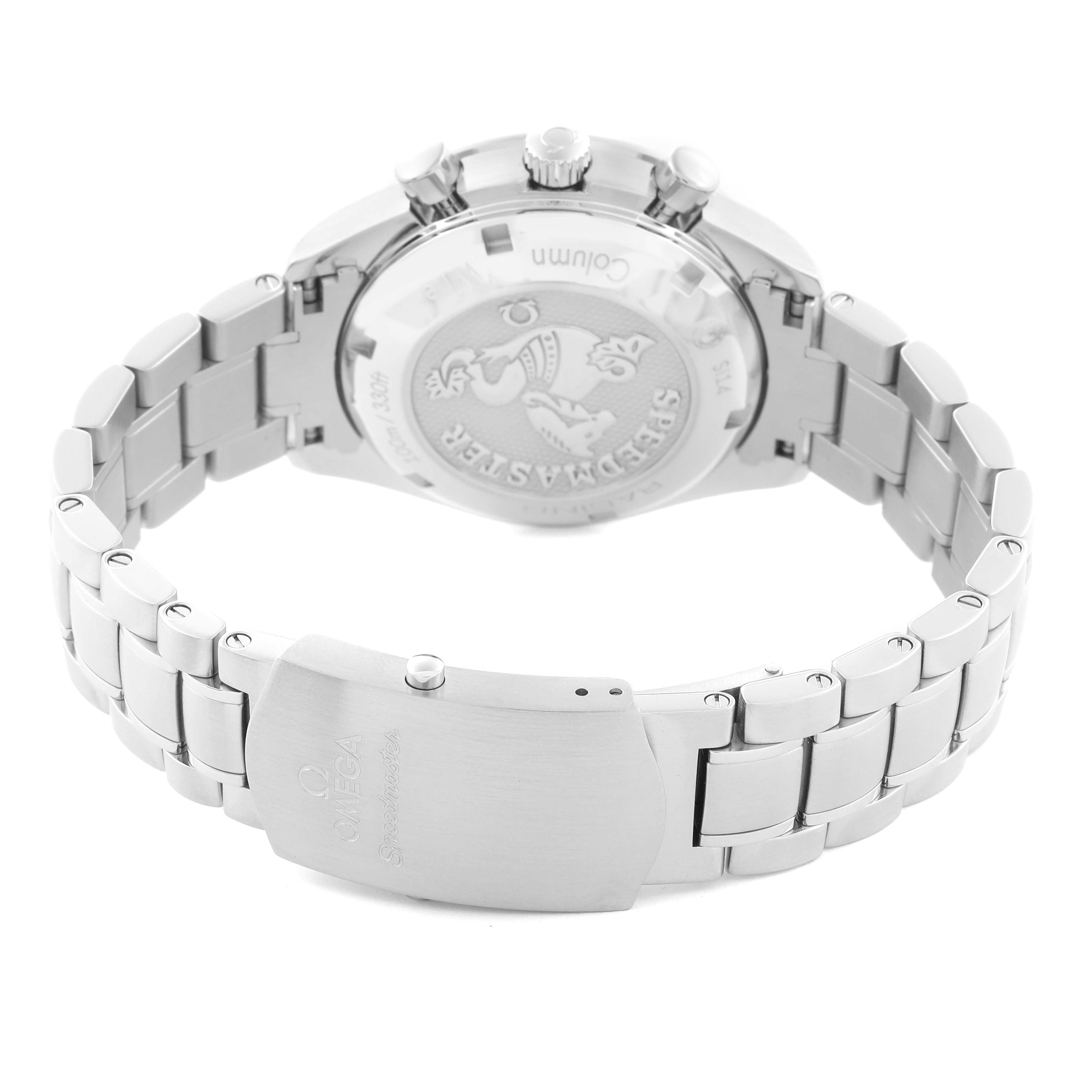 The Omega Speedmaster 326.30.40.50.06.001 Men's Stainless Steel Grey Dial 326.30.40.50.06.001 Men's Stainless Steel Grey Dial is shown from the back, highlighting the case back and bracelet clasp.