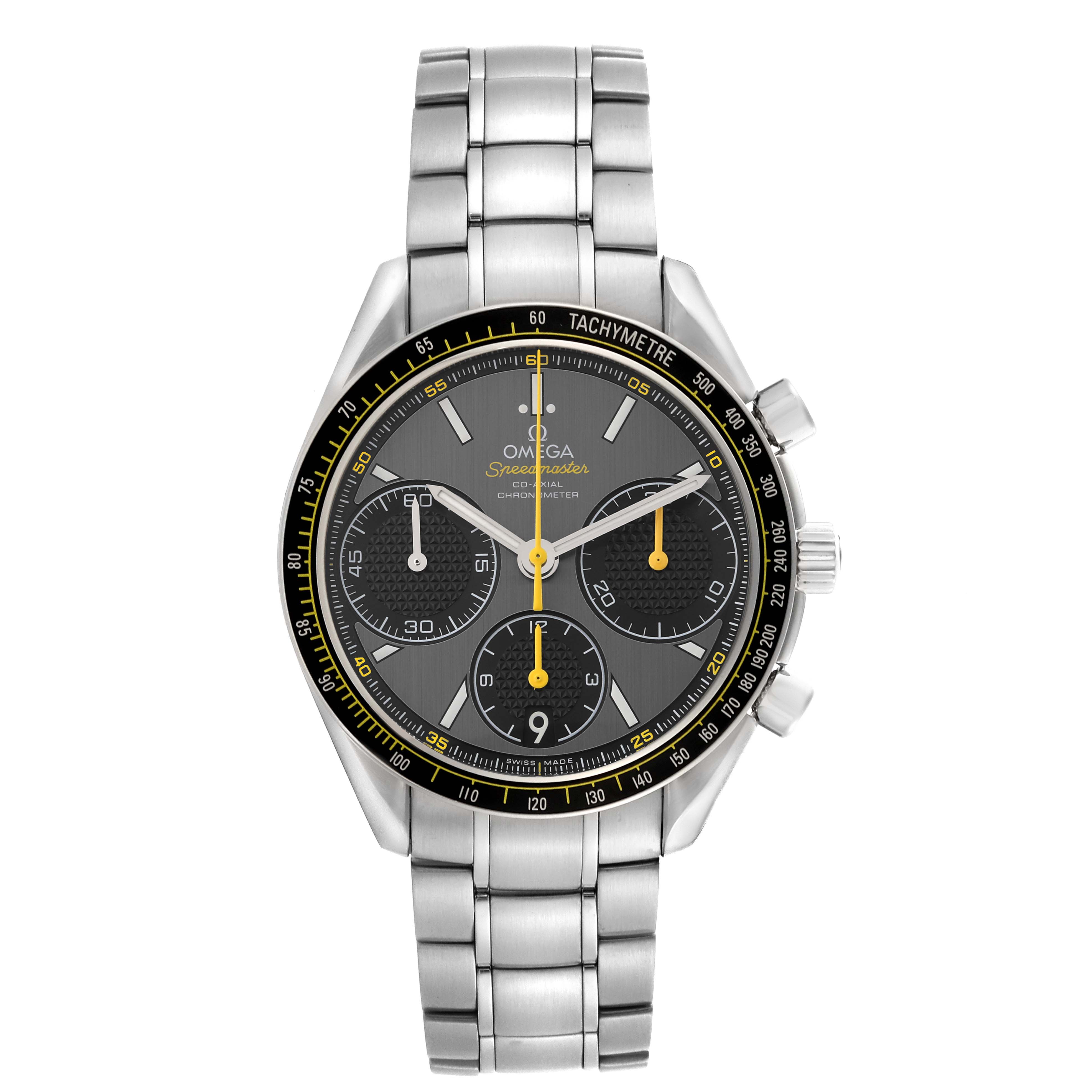 The Omega Speedmaster 326.30.40.50.06.001 Men's Stainless Steel Grey Dial 326.30.40.50.06.001 Men's Stainless Steel Grey Dial watch is shown from the front, displaying the bracelet, case, dial, and tachymeter bezel.