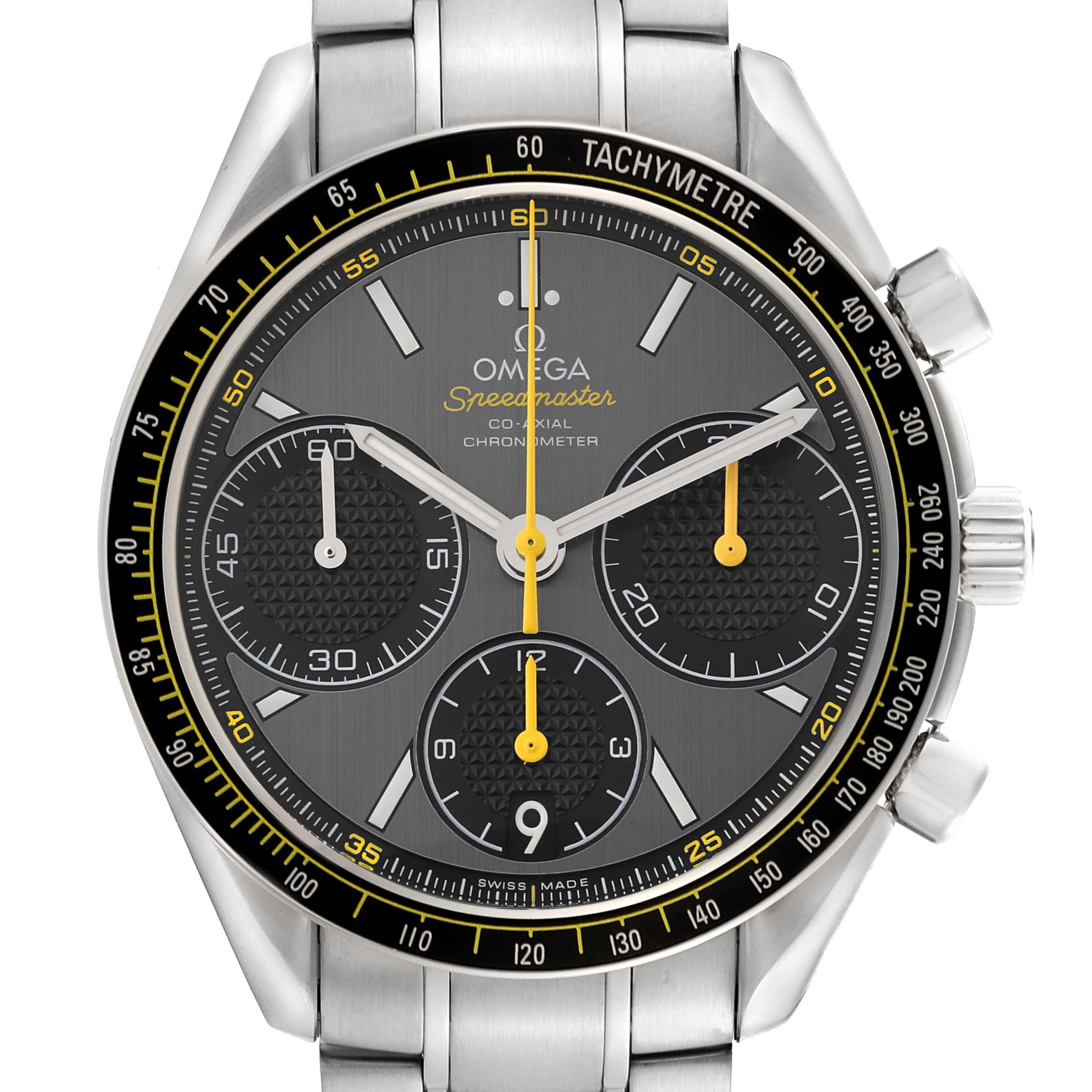 The Omega Speedmaster 326.30.40.50.06.001 Men's Stainless Steel Grey Dial 326.30.40.50.06.001 Men's Stainless Steel Grey Dial watch is shown from a front angle, displaying the face, bezel, and buttons.