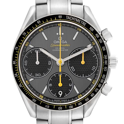 The Omega Speedmaster watch is shown from a top-down angle, highlighting the face, bezel, and chronograph buttons.