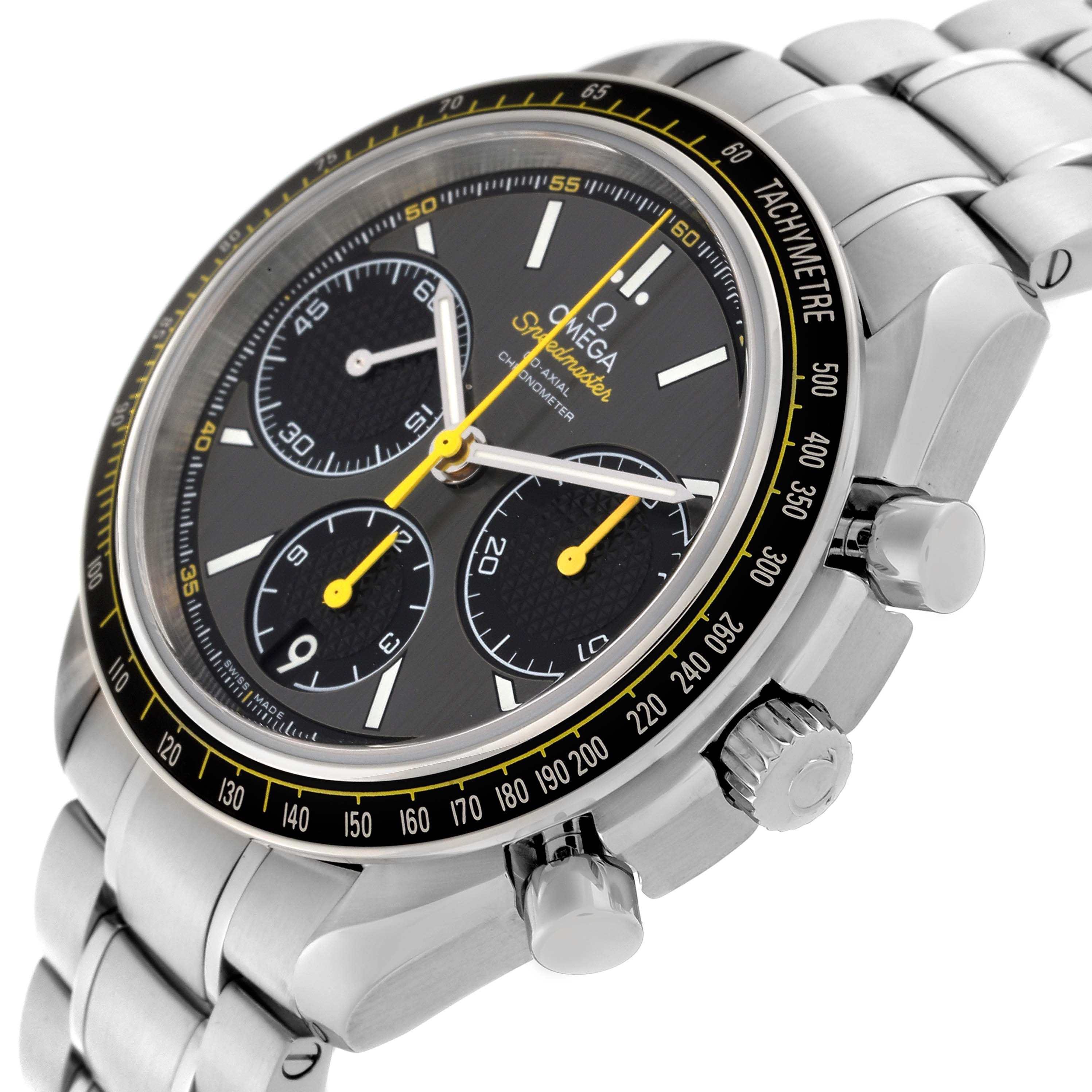 The Omega Speedmaster 326.30.40.50.06.001 Men's Stainless Steel Grey Dial 326.30.40.50.06.001 Men's Stainless Steel Grey Dial watch is shown at an angle highlighting the face, crown, and bracelet.