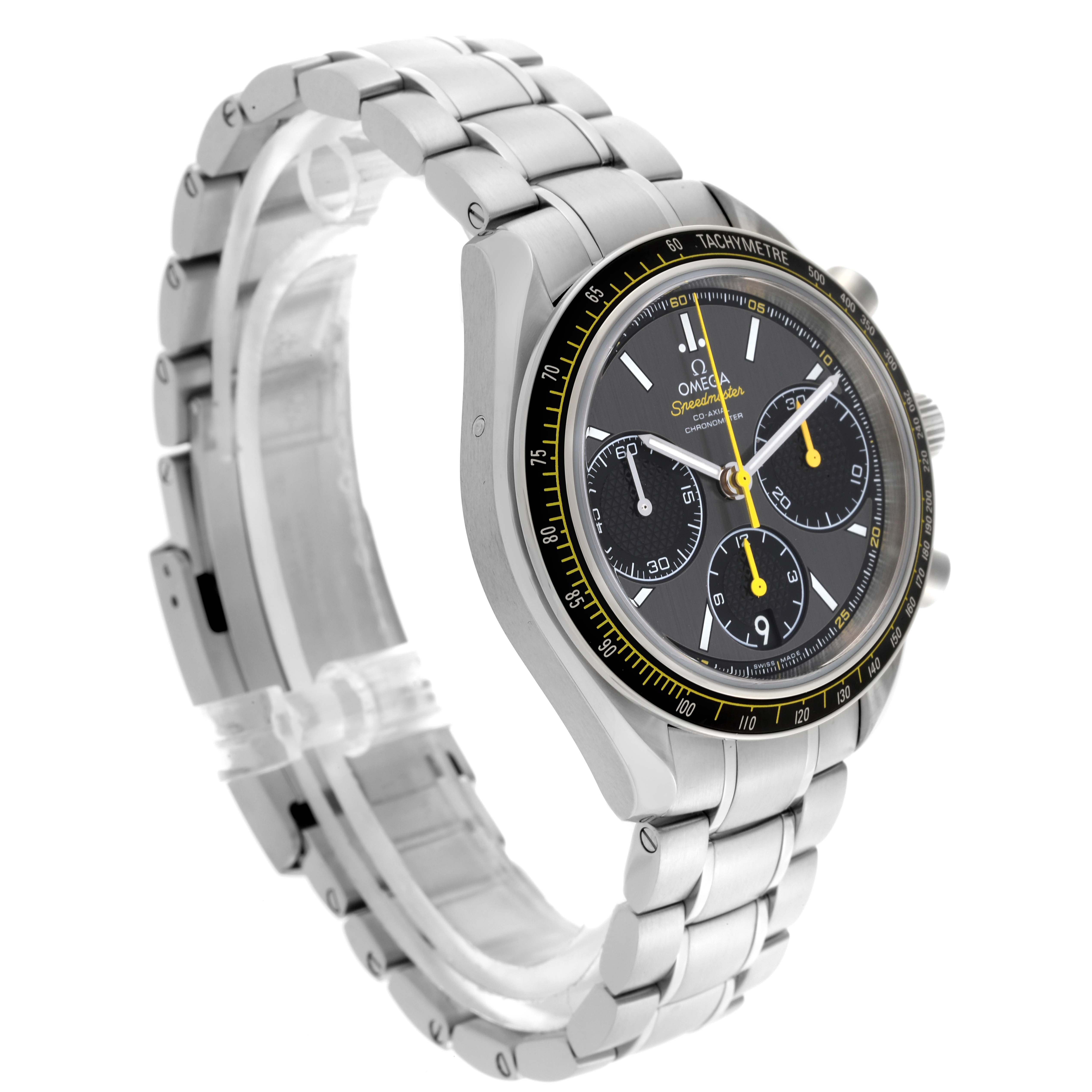 The Omega Speedmaster 326.30.40.50.06.001 Men's Stainless Steel Grey Dial 326.30.40.50.06.001 Men's Stainless Steel Grey Dial is shown at a three-quarter angle, displaying its bracelet, case, and chronograph dial.