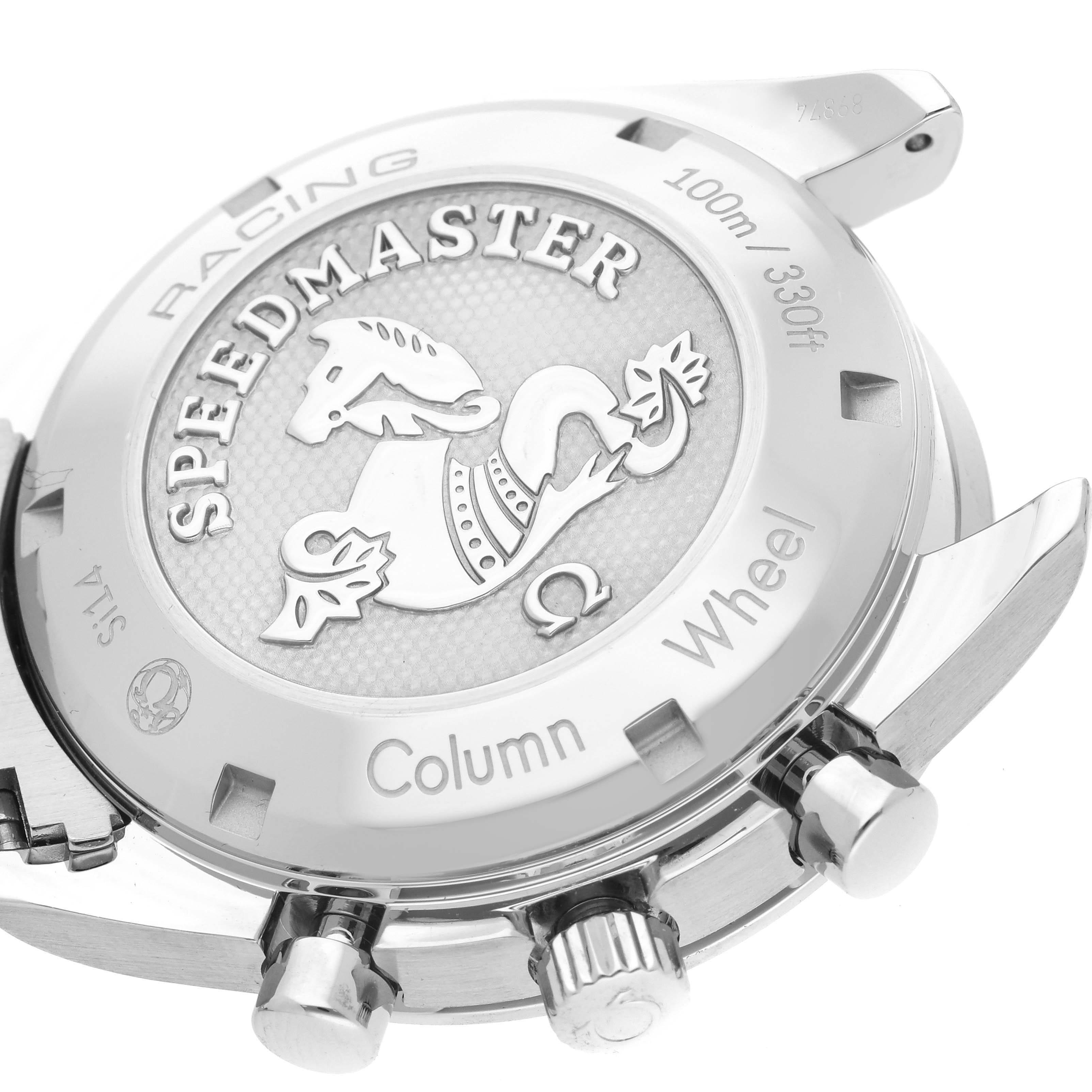 The Omega Speedmaster 326.30.40.50.06.001 Men's Stainless Steel Grey Dial 326.30.40.50.06.001 Men's Stainless Steel Grey Dial watch is shown from the back, highlighting the case back, crown, and pushers.