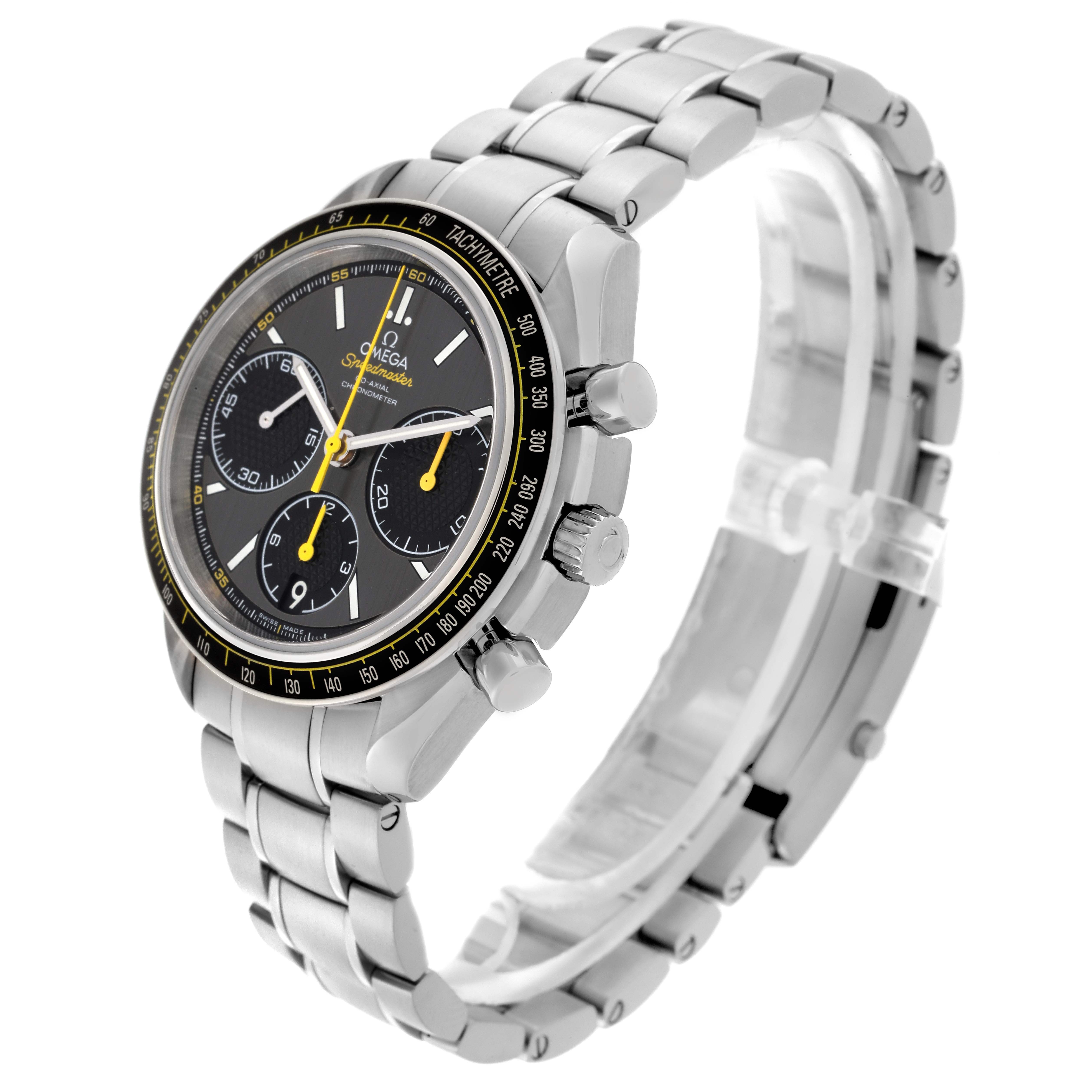 The Omega Speedmaster 326.30.40.50.06.001 Men's Stainless Steel Grey Dial 326.30.40.50.06.001 Men's Stainless Steel Grey Dial watch is shown from a side angle, displaying the bracelet, case, bezel, and crown.