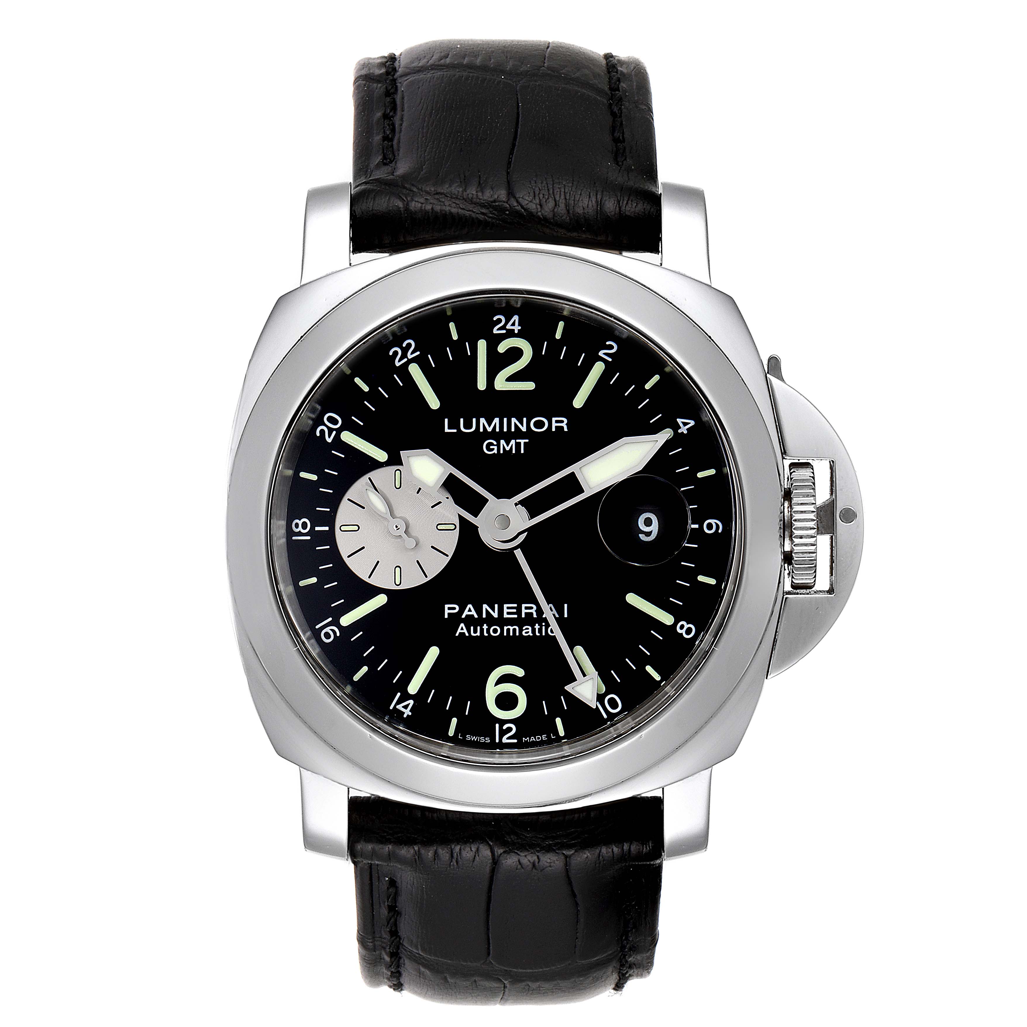 This Panerai Luminor PAM00088 Men
s Stainless Steel Black Dial PAM00088 Men
s Stainless Steel Black Dial model watch is shown from a front angle, highlighting the dial, hands, and case with its distinctive crown guard.