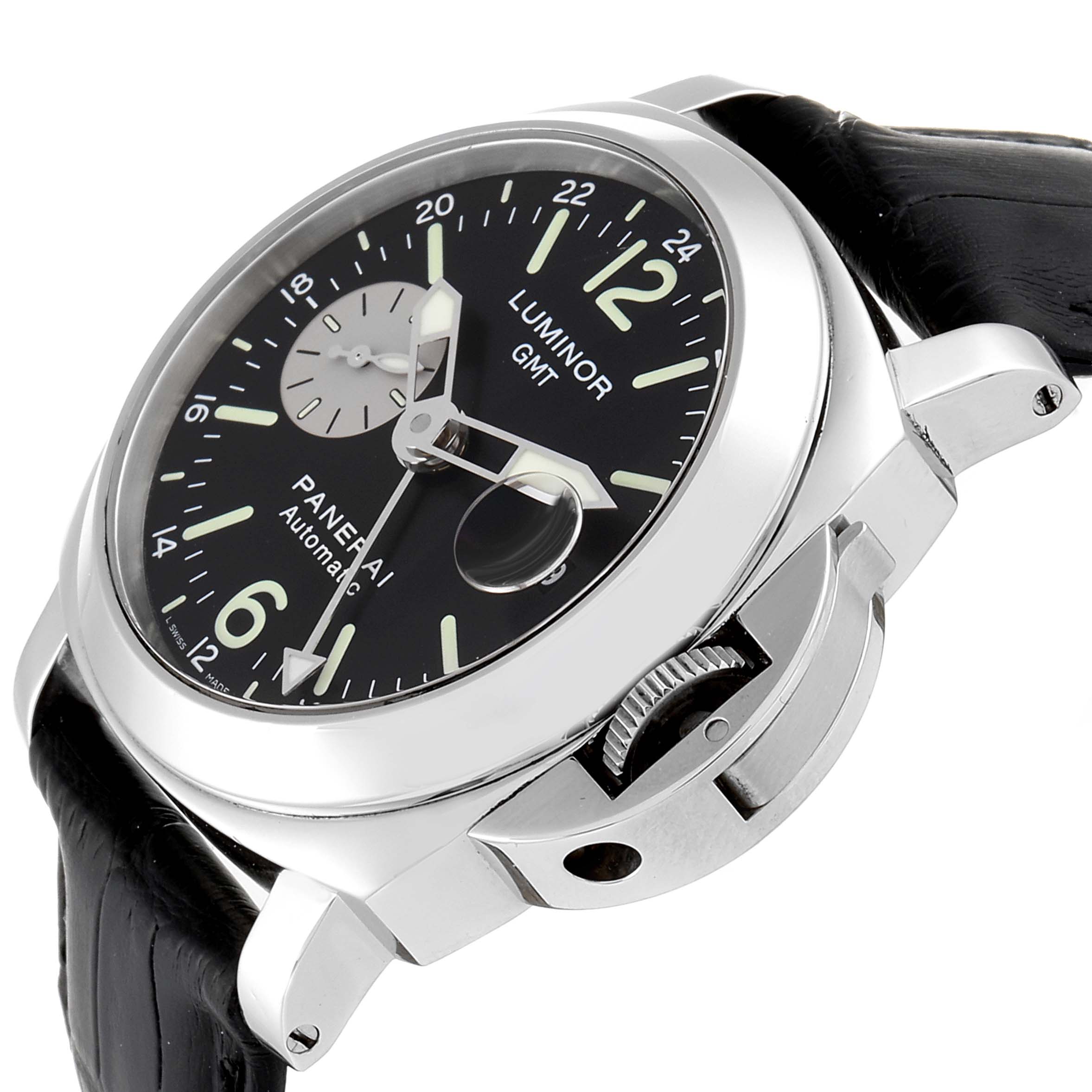 The image shows an angled side view of a Panerai Luminor PAM00088 Men
s Stainless Steel Black Dial PAM00088 Men
s Stainless Steel Black Dial watch, highlighting the dial, crown guard, and case.