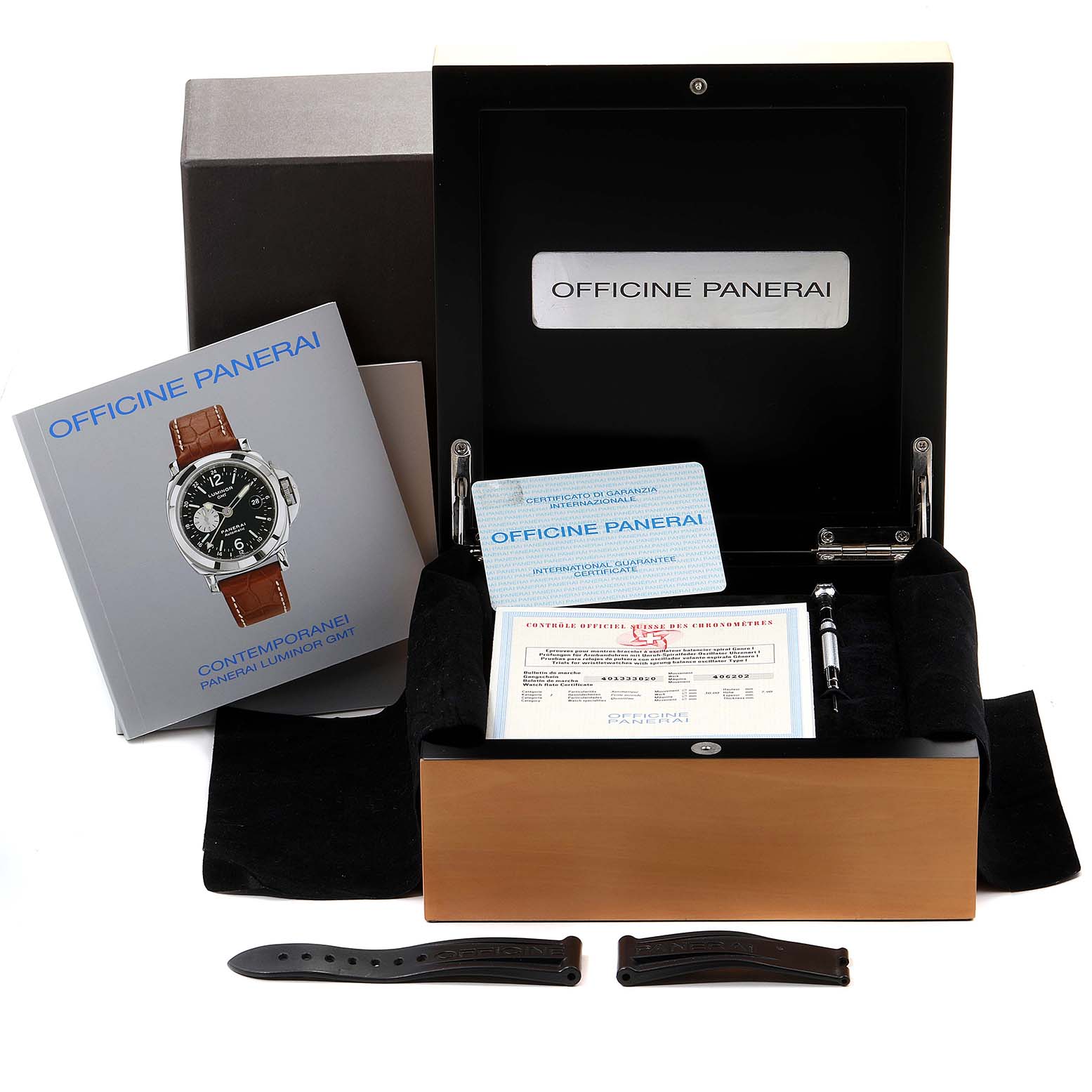 The image shows the packaging for a Panerai Luminor PAM00088 Men
s Stainless Steel Black Dial PAM00088 Men
s Stainless Steel Black Dial model, including a box, manual, documents, tool, and additional straps.