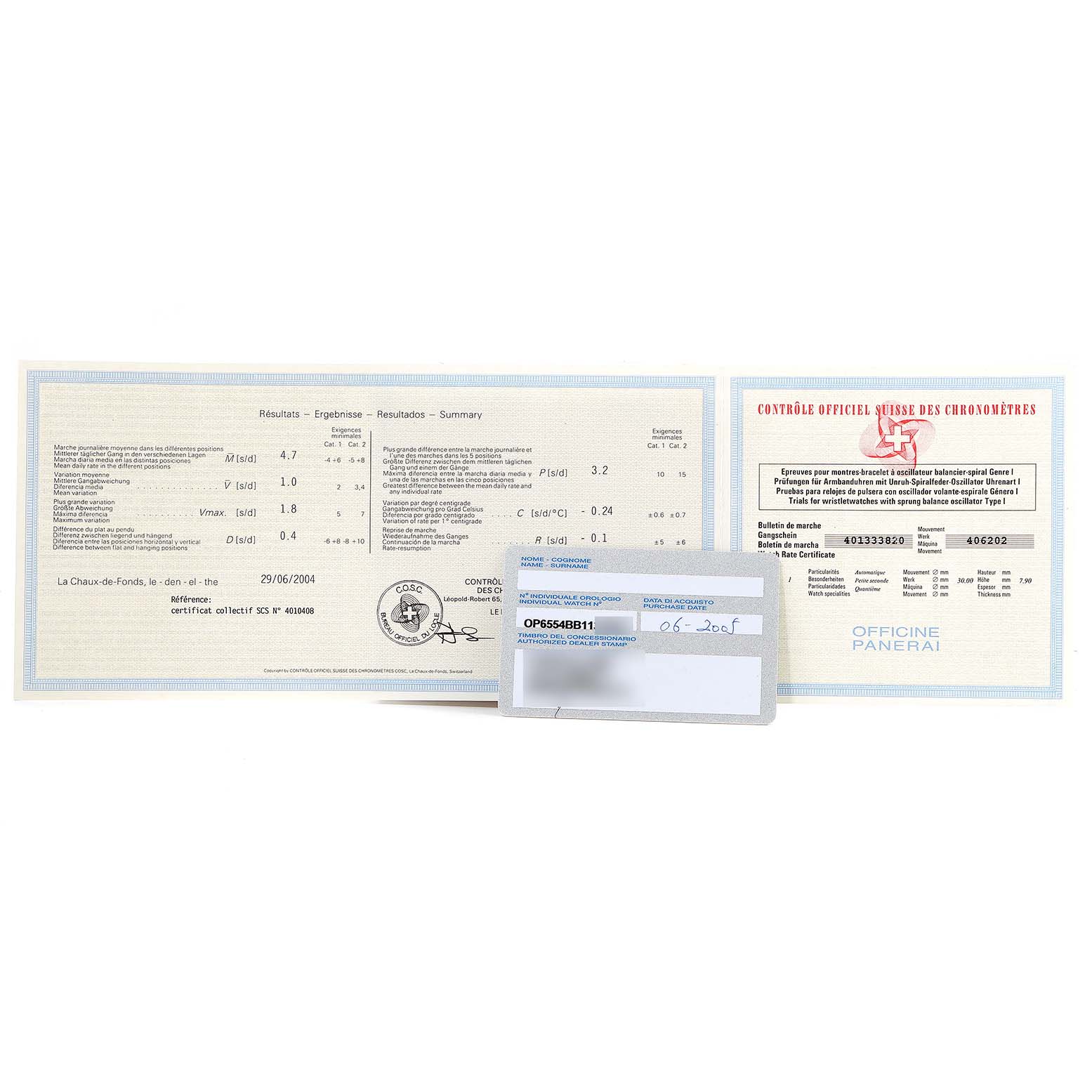 The image shows the certification and warranty card for a Panerai Luminor PAM00088 Men
s Stainless Steel Black Dial PAM00088 Men
s Stainless Steel Black Dial model, placed flat and fully visible.