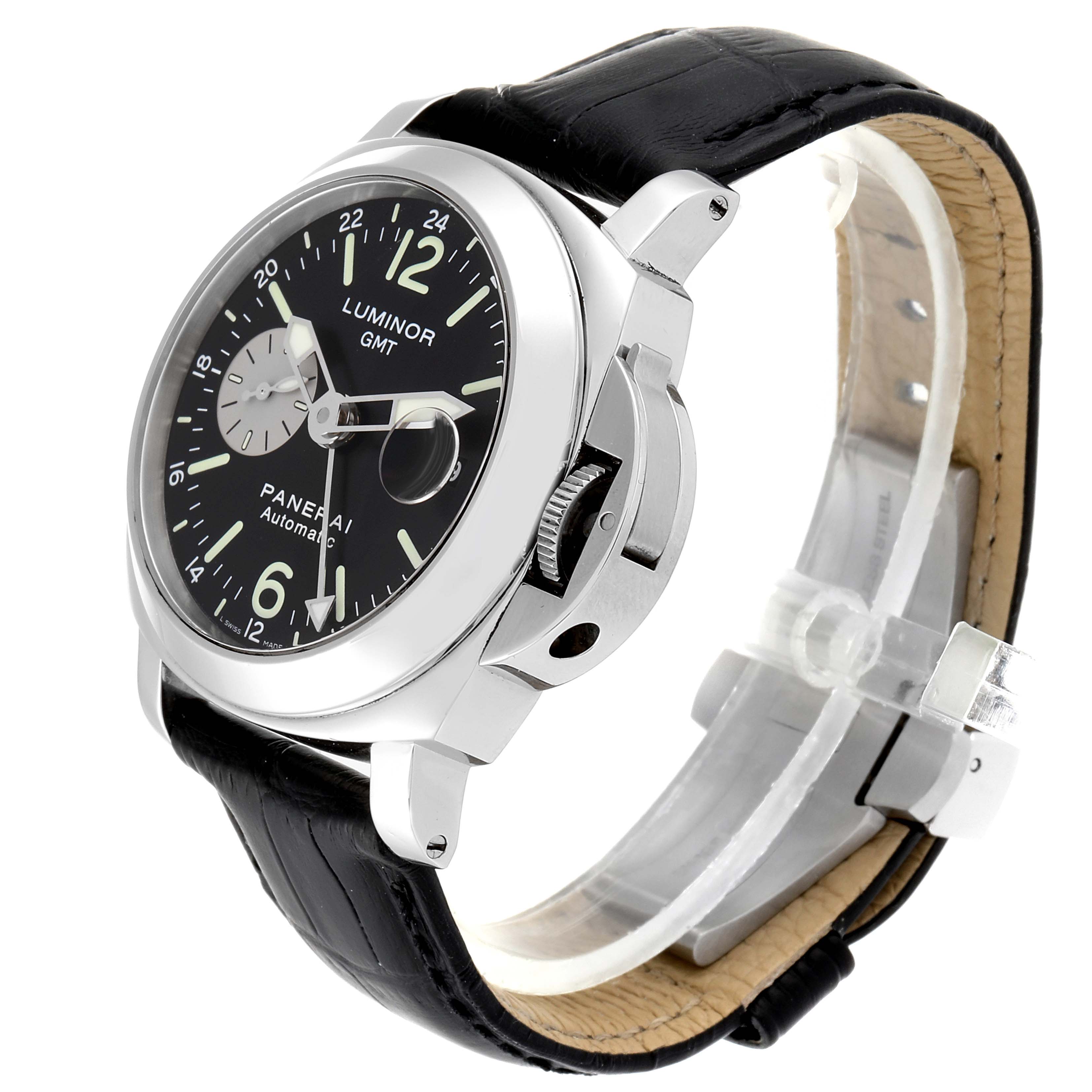 The image shows a Panerai Luminor PAM00088 Men
s Stainless Steel Black Dial PAM00088 Men
s Stainless Steel Black Dial watch at a three-quarter angled view, highlighting the dial, casing, and leather strap.