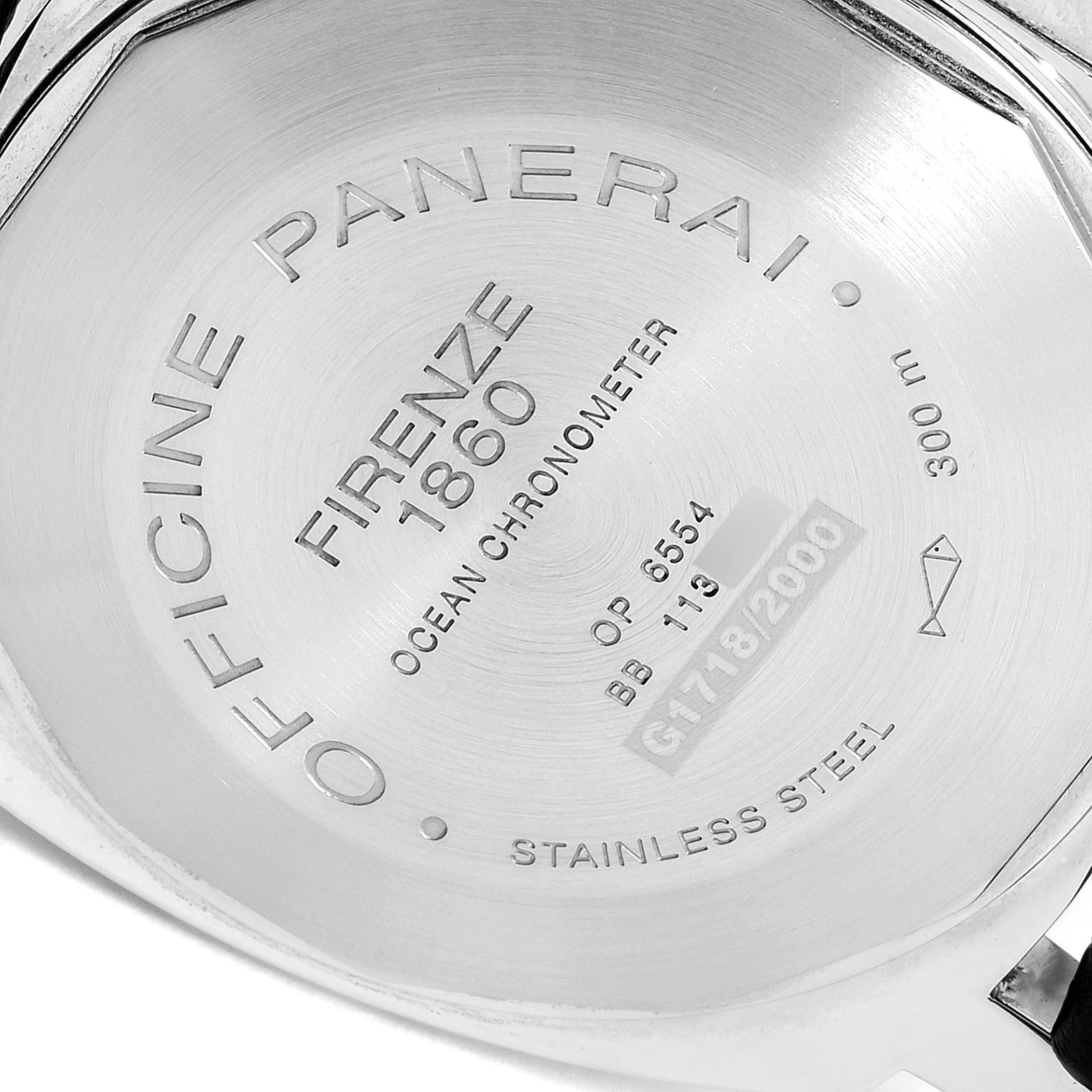 The image shows the stainless steel back case of a Panerai Luminor PAM00088 Men
s Stainless Steel Black Dial PAM00088 Men
s Stainless Steel Black Dial watch, detailing its engravings and model information.