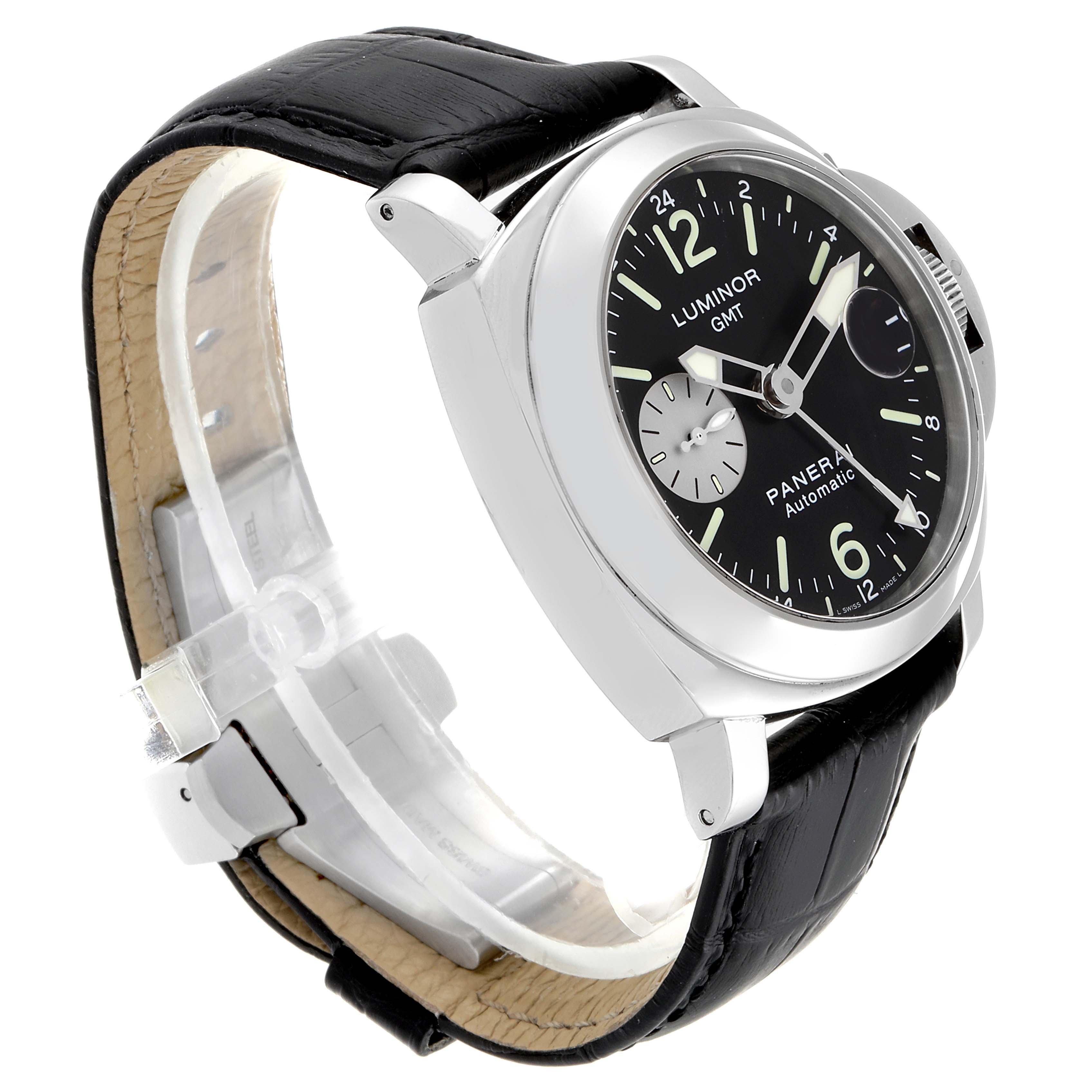 The image shows a Panerai Luminor PAM00088 Men
s Stainless Steel Black Dial PAM00088 Men
s Stainless Steel Black Dial GMT watch at a three-quarter angle, highlighting the dial, case, and leather strap.