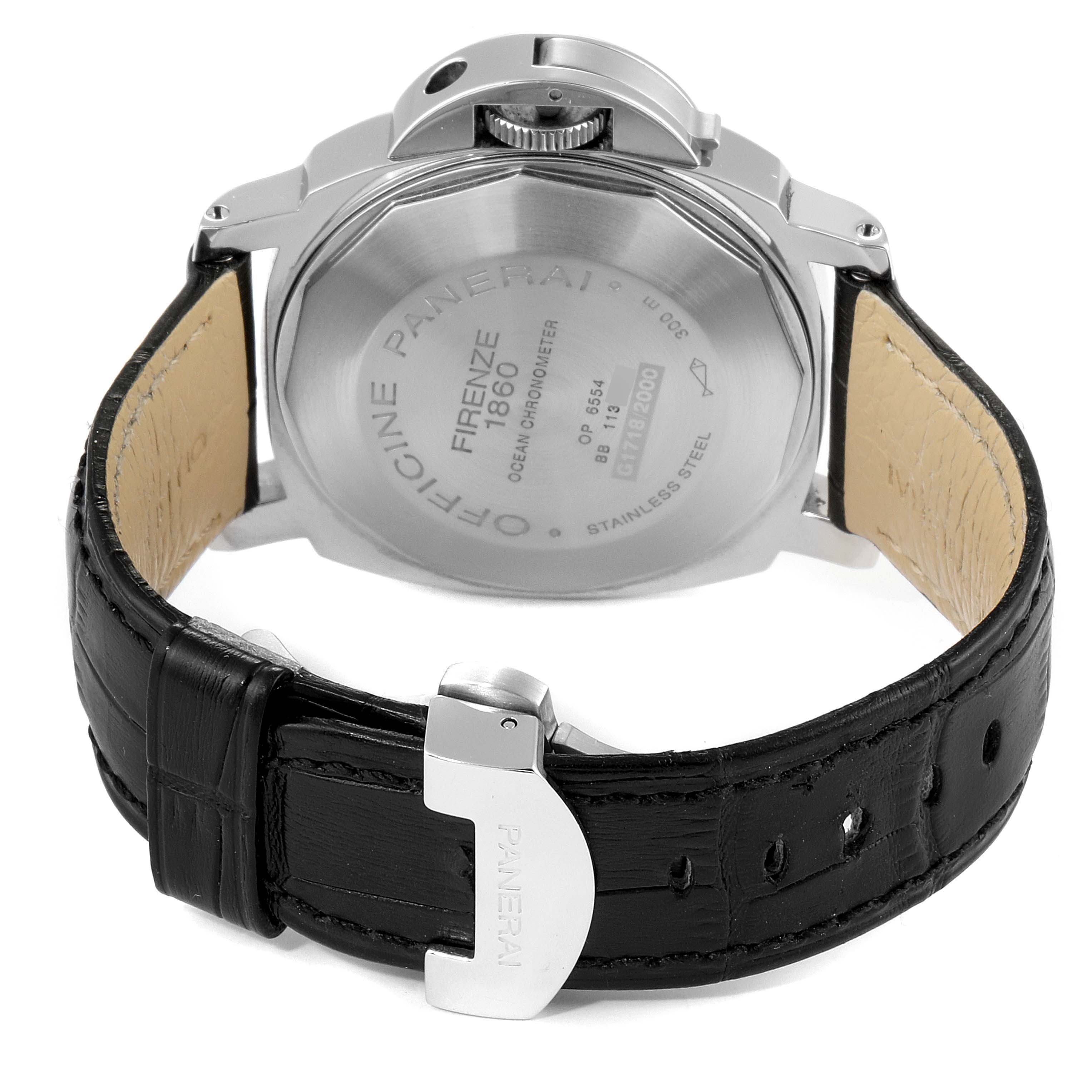 The image shows the rear view of a Panerai Luminor PAM00088 Men
s Stainless Steel Black Dial PAM00088 Men
s Stainless Steel Black Dial watch, highlighting the case back, crown guard, and leather strap.