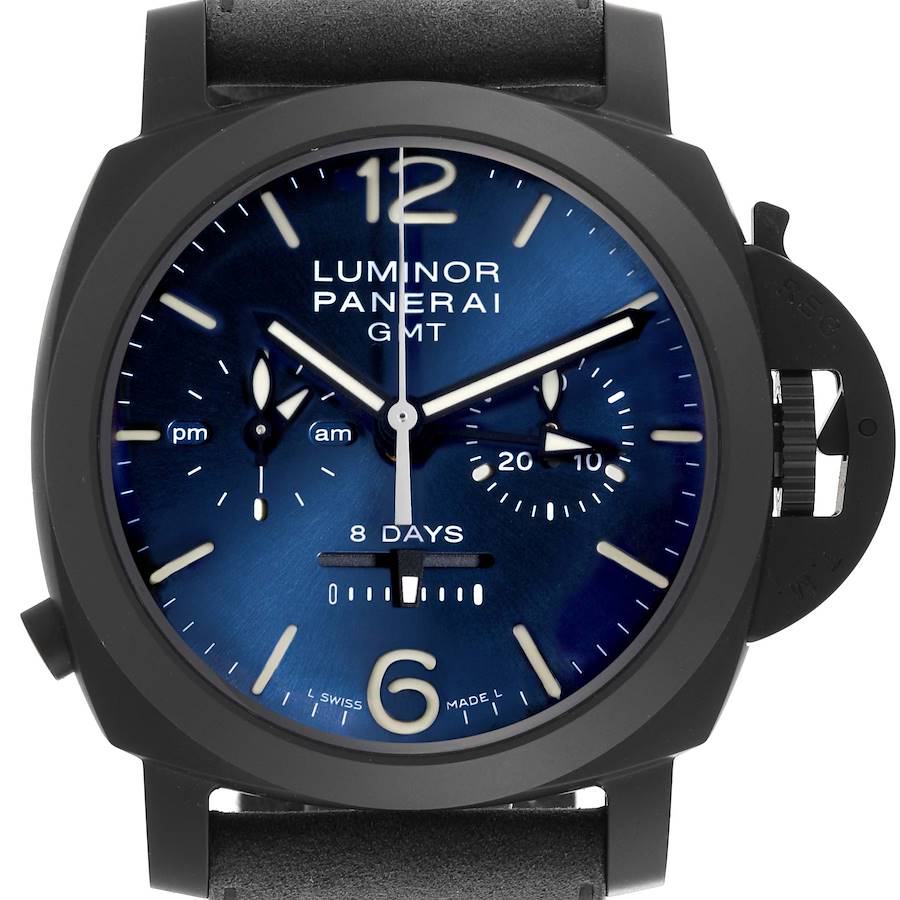 The Panerai Luminor watch is shown from a front angle, displaying the dial, crown guard, and strap with a blue face.