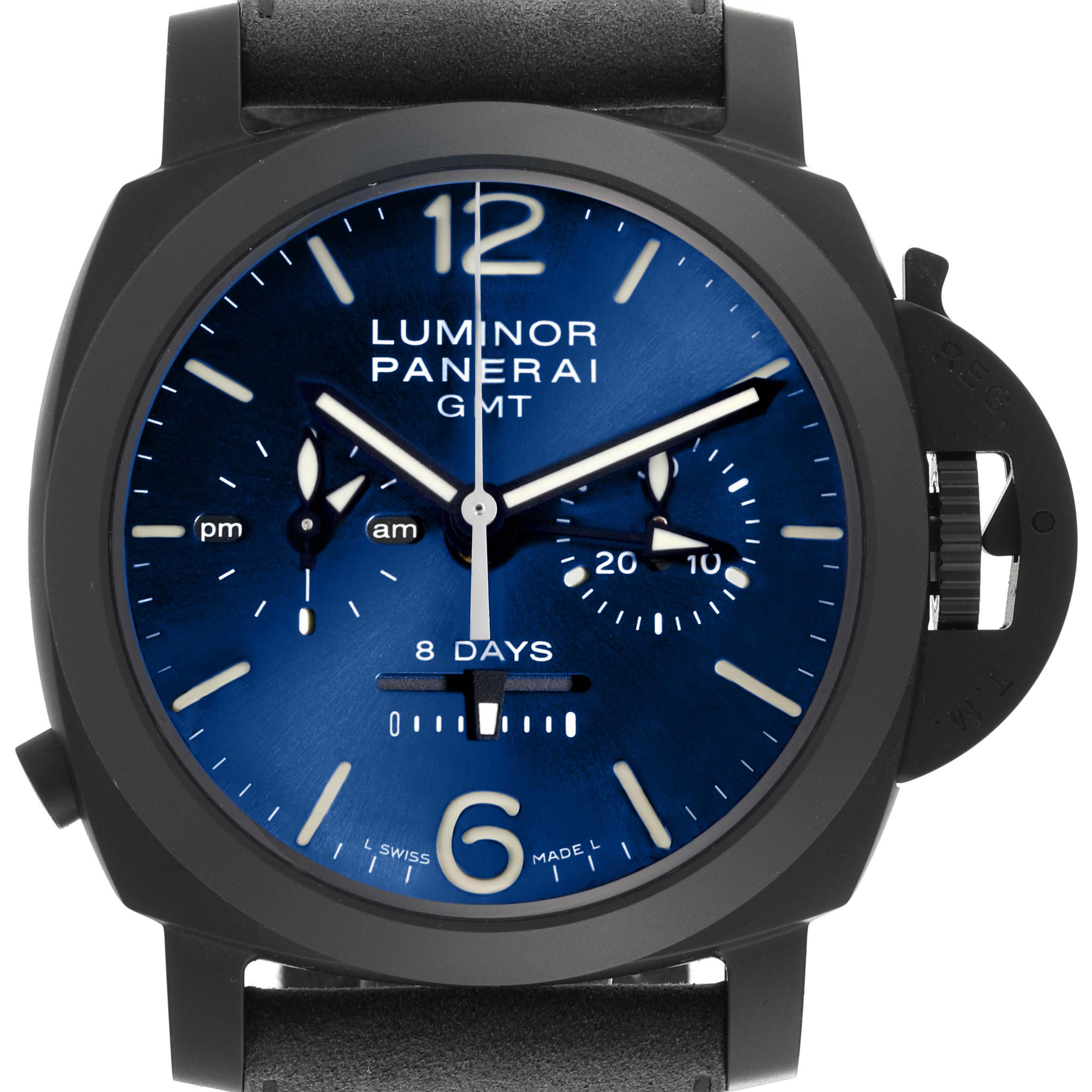 The Panerai Luminor PAM01135 Men's Ceramic Blue Dial PAM01135 Men's Ceramic Blue Dial watch is shown from a front angle, highlighting the dial, crown guard, and strap attachment.