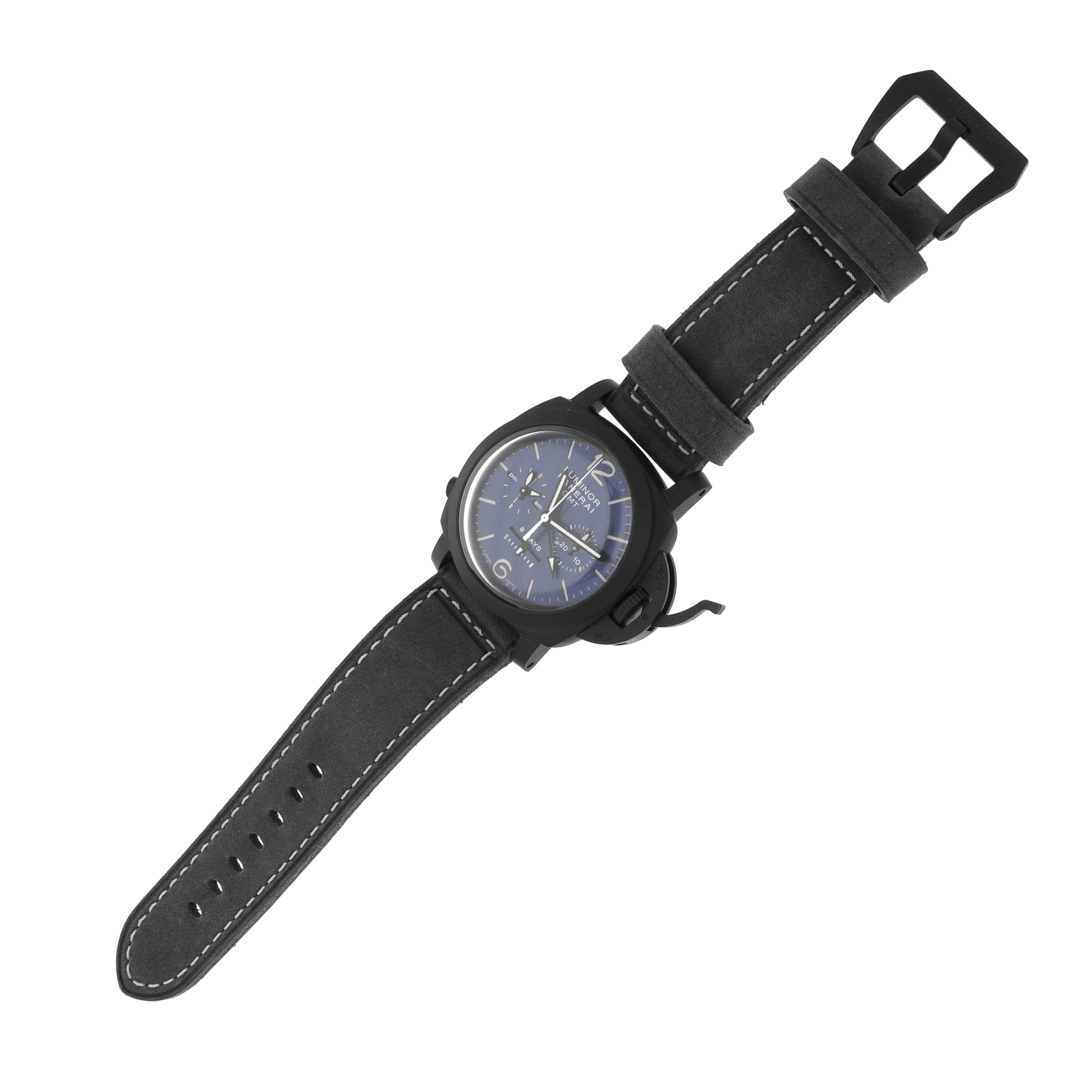 The Panerai Luminor PAM01135 Men's Ceramic Blue Dial PAM01135 Men's Ceramic Blue Dial watch is shown from a top view, displaying the dial, case, and leather strap with stitching details.