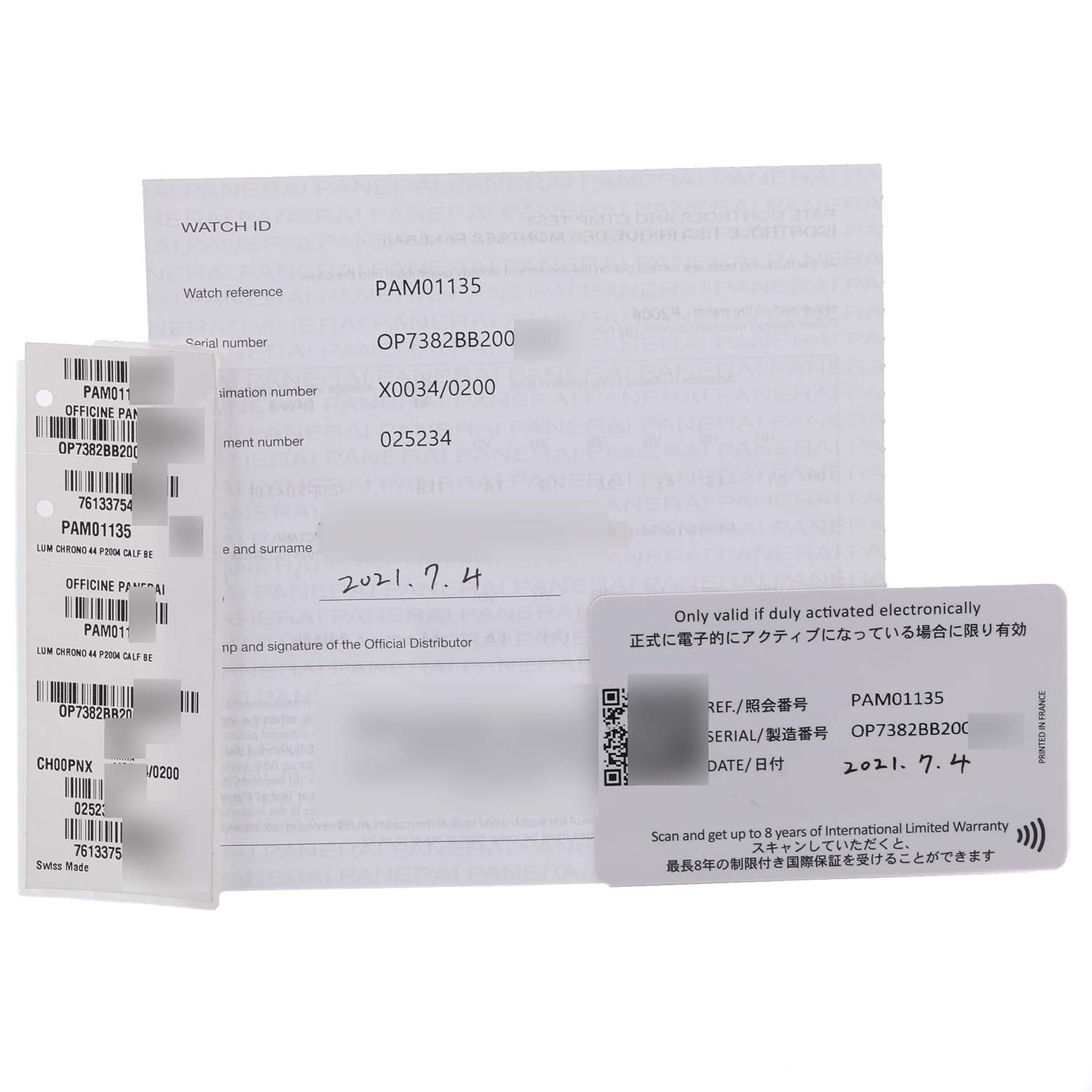 The image shows warranty cards and documentation for the Panerai Luminor PAM01135 Men's Ceramic Blue Dial PAM01135 Men's Ceramic Blue Dial, including model and serial numbers.