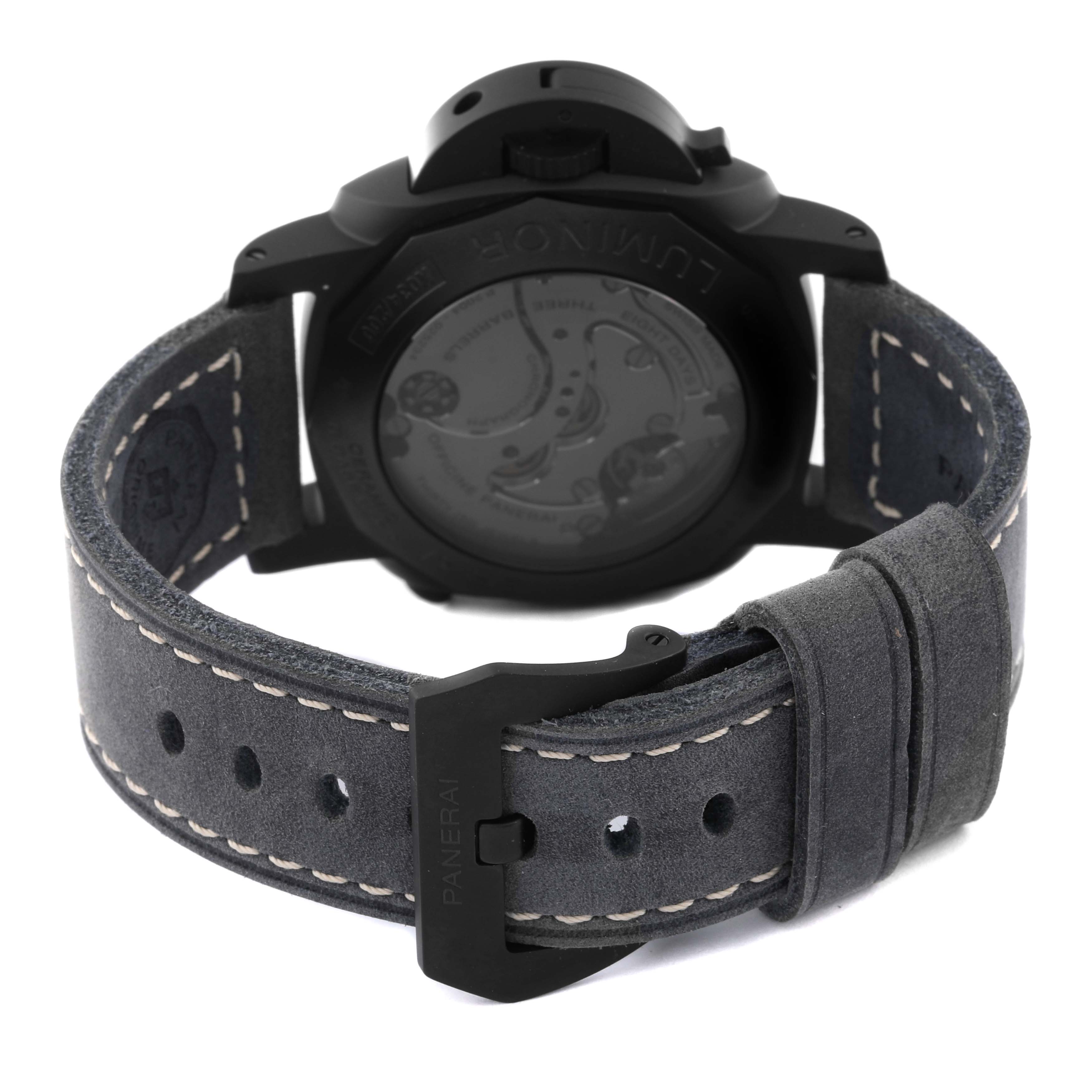 The image shows the backside of a Panerai Luminor PAM01135 Men's Ceramic Blue Dial PAM01135 Men's Ceramic Blue Dial watch, highlighting the strap and case back.