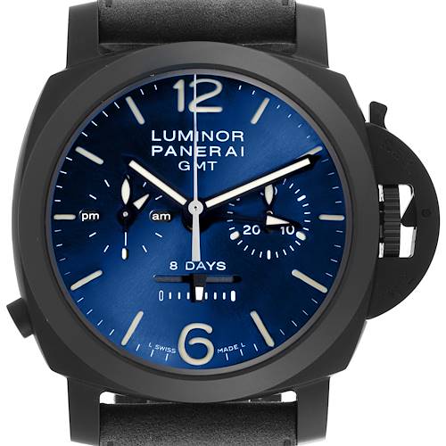 The Panerai Luminor watch is shown from the front, displaying the blue dial, markers, hands, and crown guard.