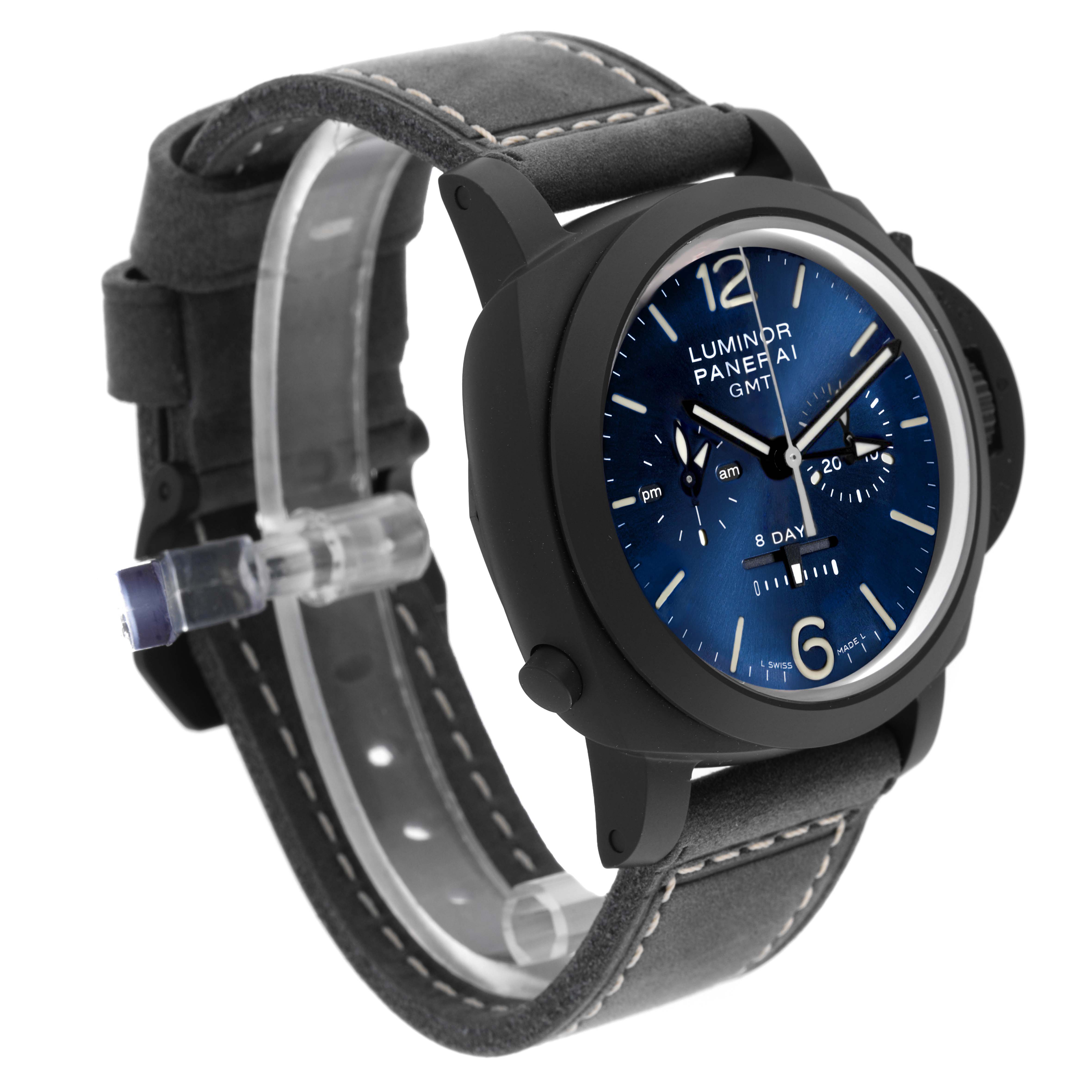 The Panerai Luminor PAM01135 Men's Ceramic Blue Dial PAM01135 Men's Ceramic Blue Dial watch is shown at a three-quarter angle, highlighting the face, case, and strap.