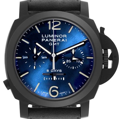 The image shows a front view of a Panerai Luminor GMT with a blue dial and visible crown guard.