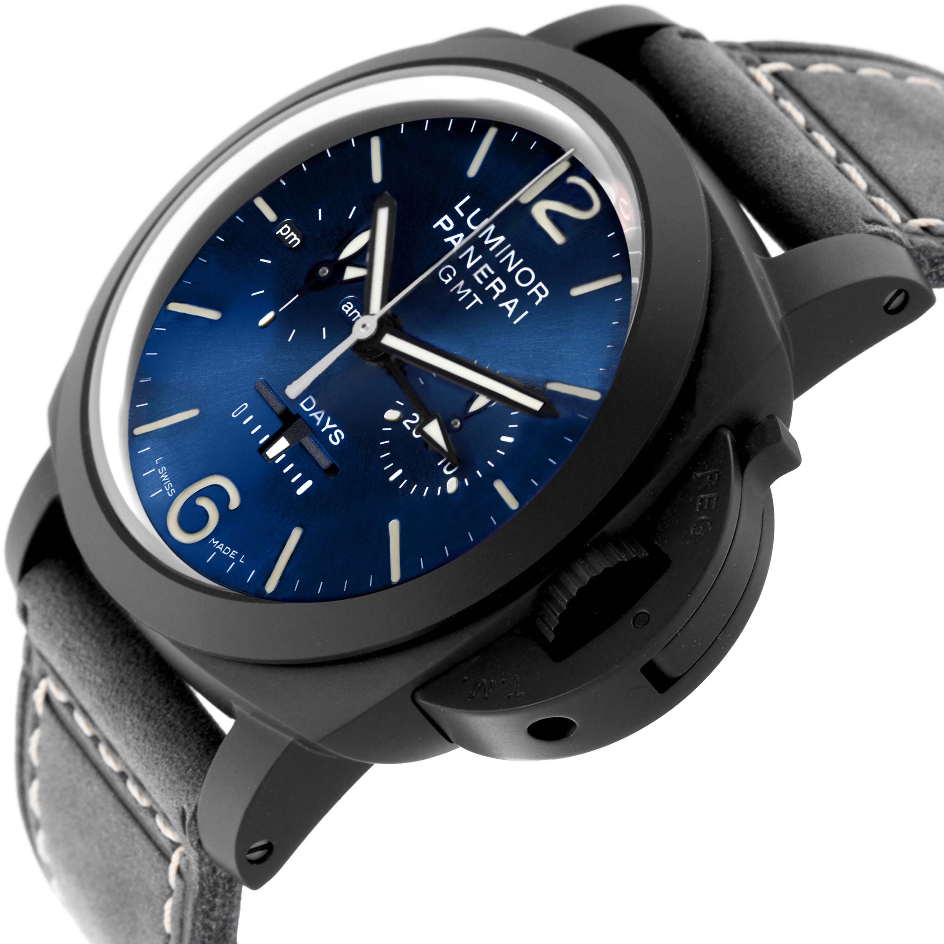 The Panerai Luminor PAM01135 Men's Ceramic Blue Dial PAM01135 Men's Ceramic Blue Dial watch is shown at a side angle, displaying the dial, case, crown guard, and leather strap.