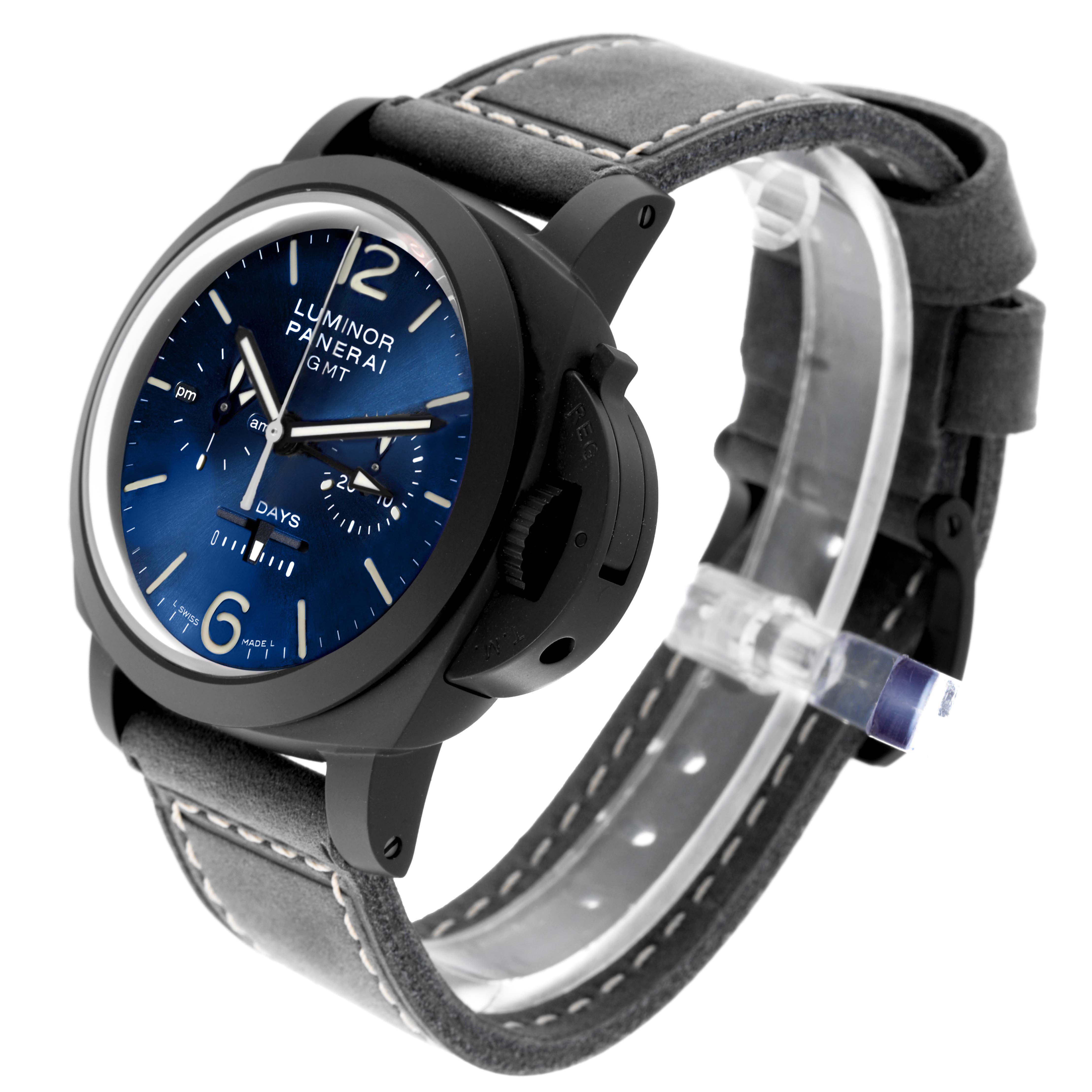 The image shows a Panerai Luminor PAM01135 Men's Ceramic Blue Dial PAM01135 Men's Ceramic Blue Dial watch at a side angle, displaying the face, crown guard, and leather strap.