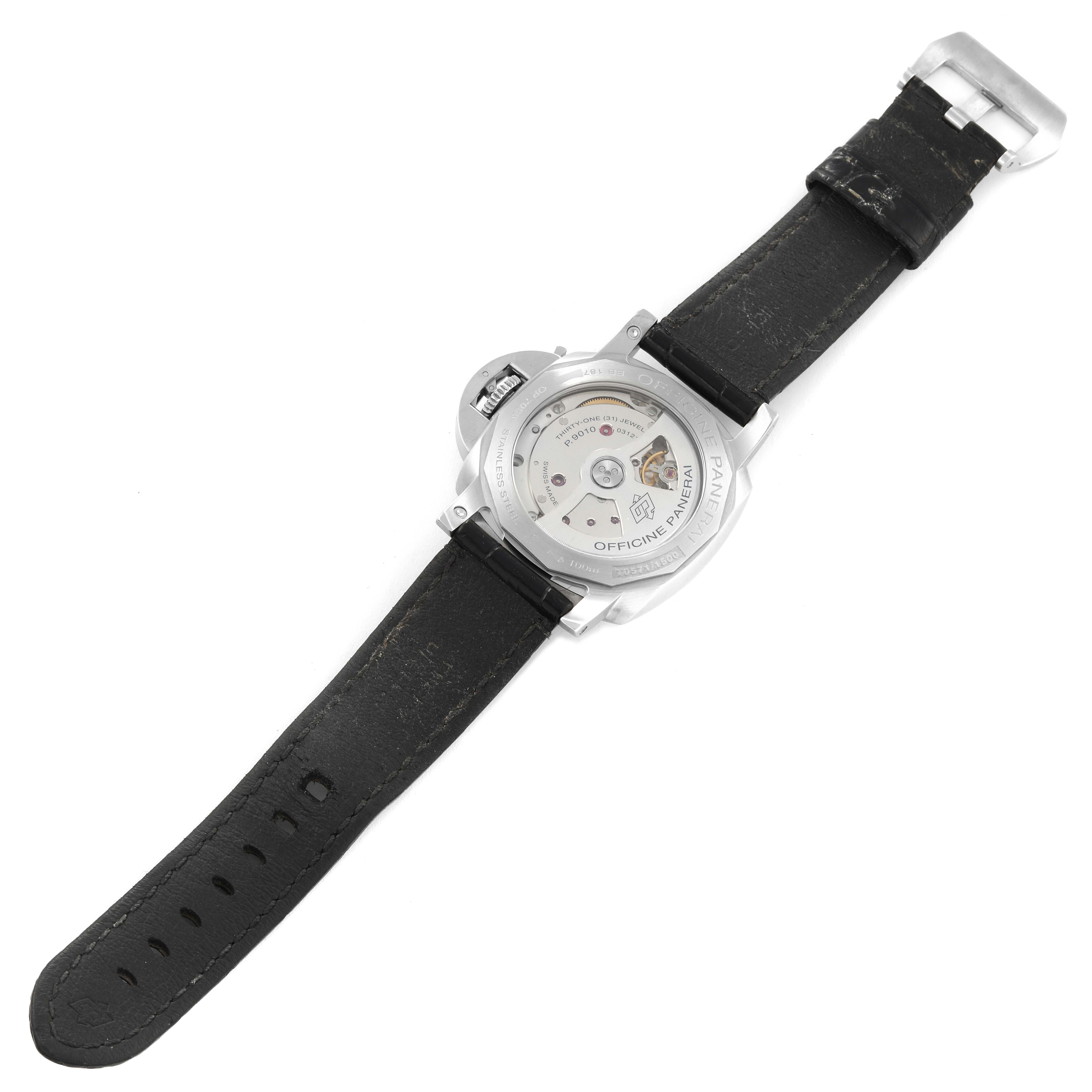 The image shows the back view of a Panerai Luminor PAM01392 Men
s Stainless Steel Black Dial PAM01392 Men
s Stainless Steel Black Dial watch, displaying its movement and black leather strap.