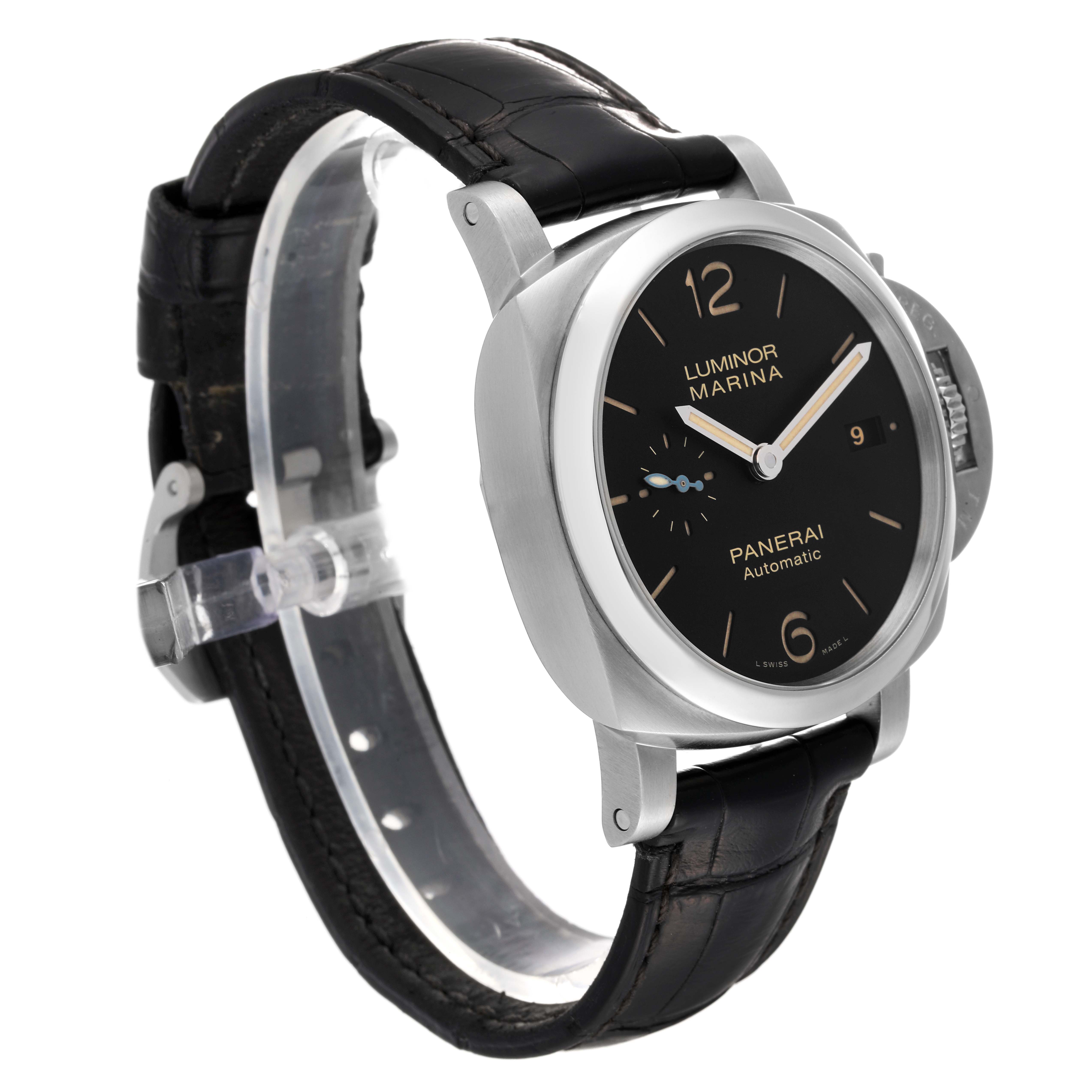 The image shows a Panerai Luminor PAM01392 Men
s Stainless Steel Black Dial PAM01392 Men
s Stainless Steel Black Dial watch from an angled side view, highlighting the dial and leather strap.