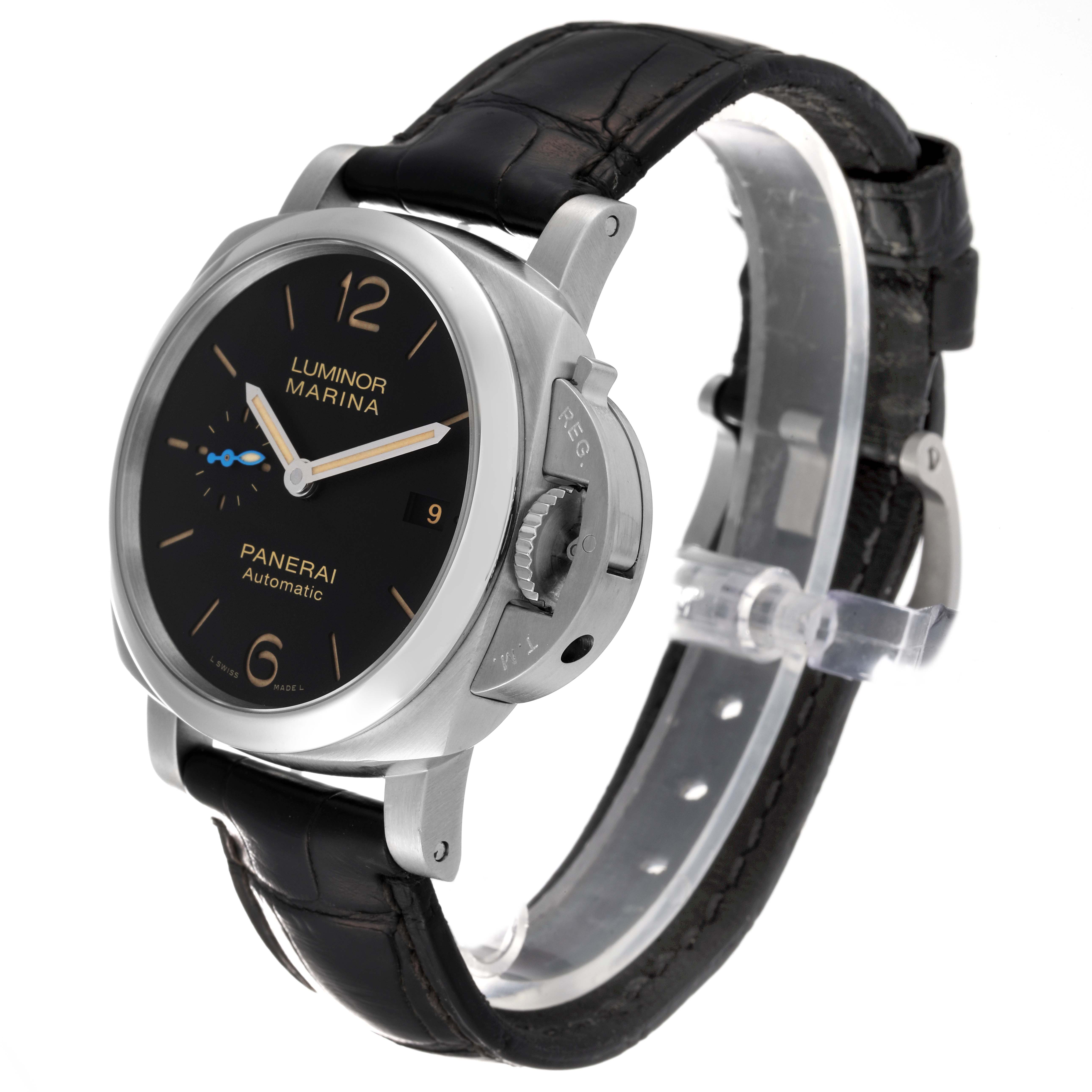 This image shows a Panerai Luminor PAM01392 Men
s Stainless Steel Black Dial PAM01392 Men
s Stainless Steel Black Dial watch at a three-quarter angle, highlighting the case, dial, crown guard, and leather strap.