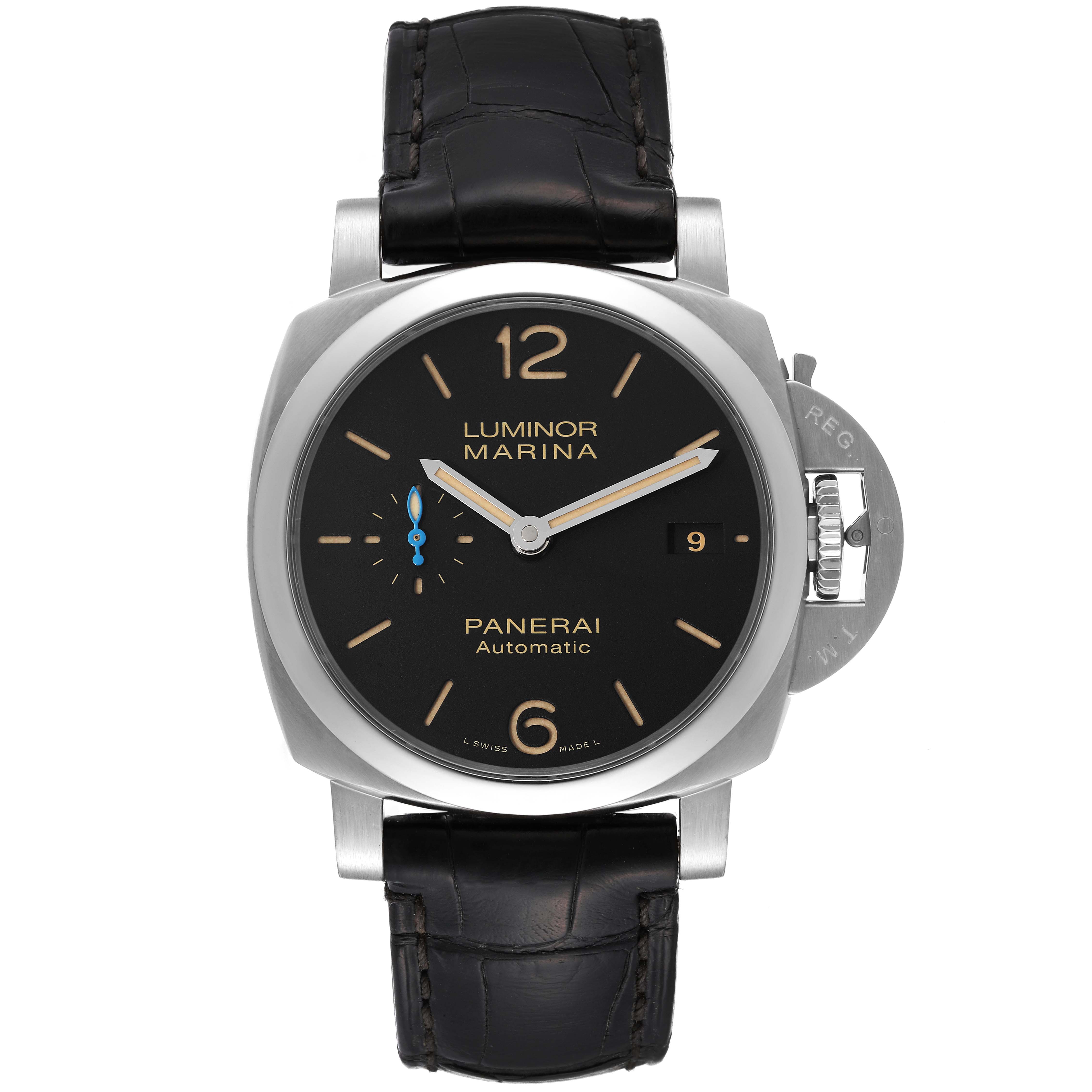 The image shows a Panerai Luminor PAM01392 Men
s Stainless Steel Black Dial PAM01392 Men
s Stainless Steel Black Dial Marina watch from a top-down angle, highlighting its black dial and leather strap.