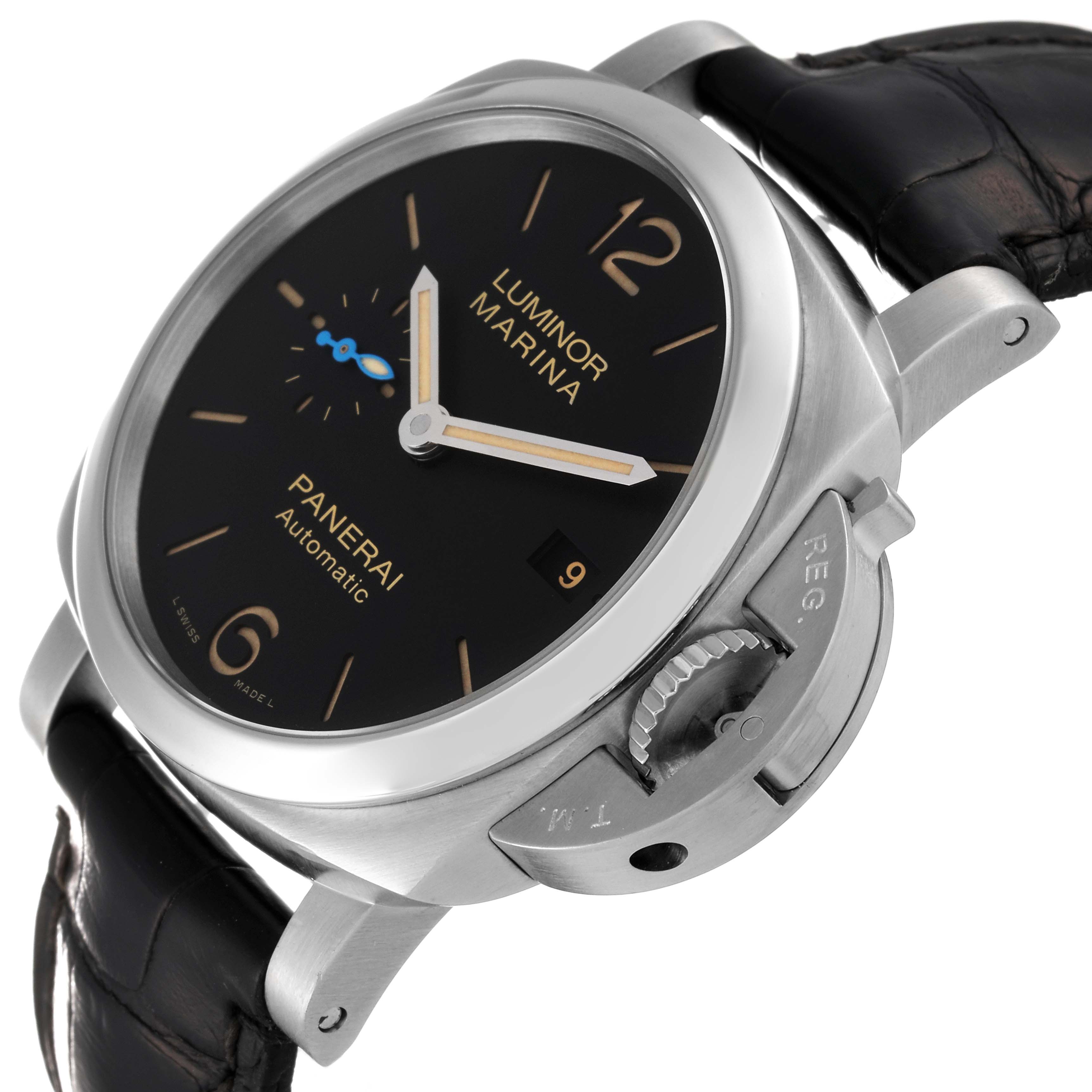 The Panerai Luminor PAM01392 Men
s Stainless Steel Black Dial PAM01392 Men
s Stainless Steel Black Dial watch is shown at a three-quarter angle, highlighting the dial, crown protector, and strap.