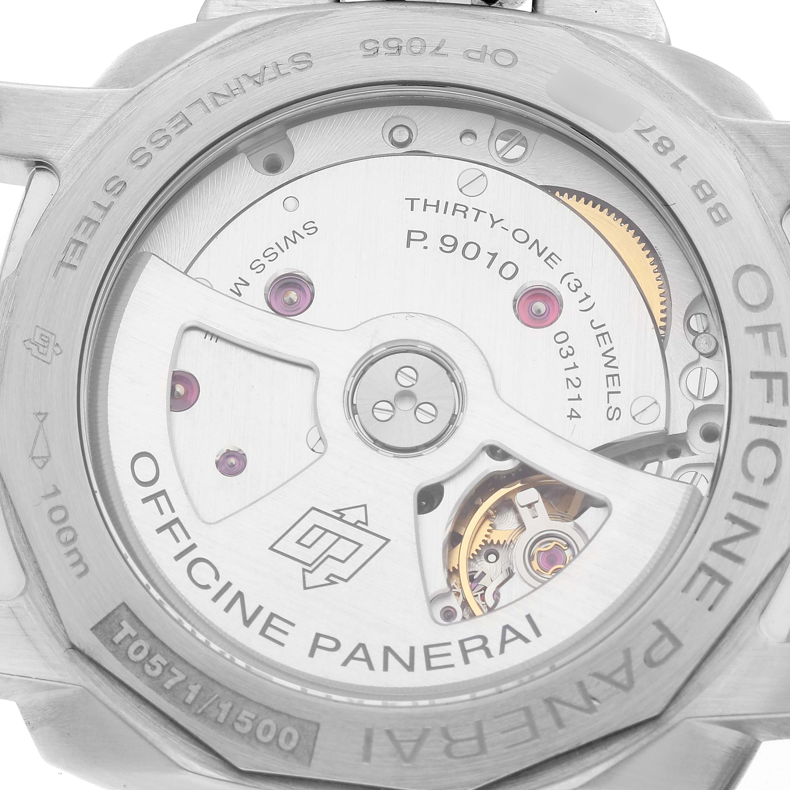 The image shows the back case and movement of a Panerai Luminor PAM01392 Men
s Stainless Steel Black Dial PAM01392 Men
s Stainless Steel Black Dial watch, displaying the automatic winding rotor and other inner mechanisms.
