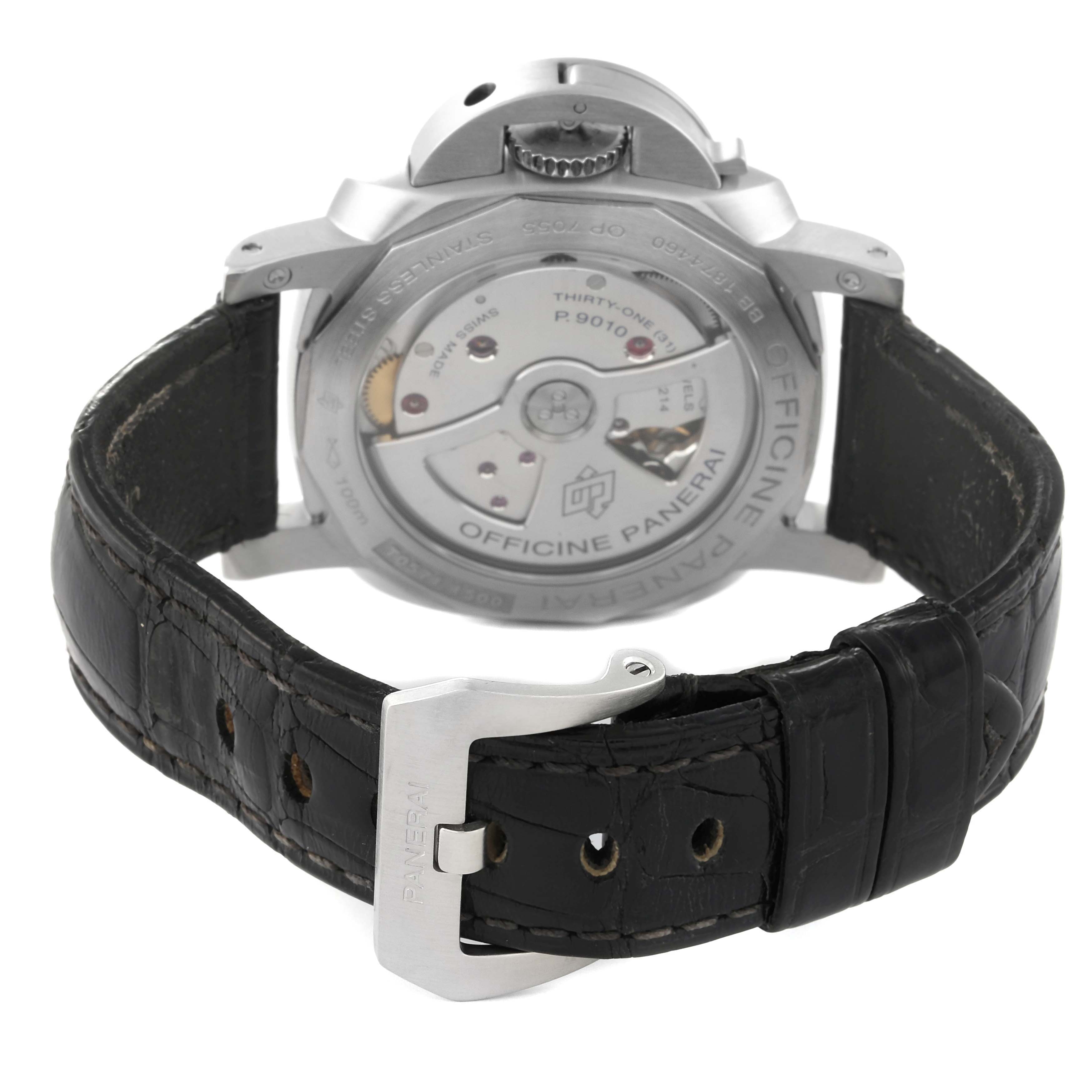 The image shows the back view of a Panerai Luminor PAM01392 Men
s Stainless Steel Black Dial PAM01392 Men
s Stainless Steel Black Dial watch, highlighting the buckle and movement mechanism.