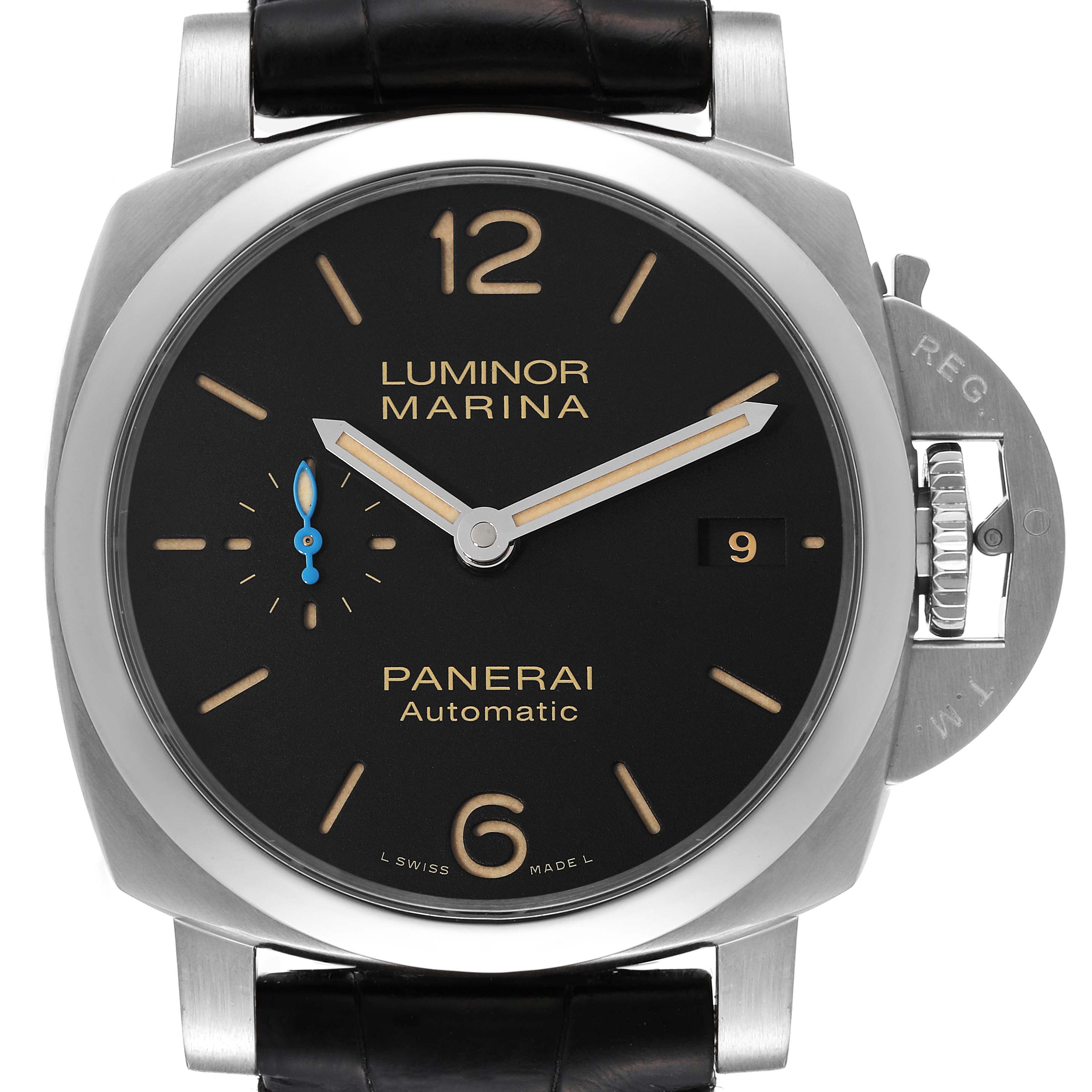 This image shows a front view of a Panerai Luminor PAM01392 Men
s Stainless Steel Black Dial PAM01392 Men
s Stainless Steel Black Dial Marina watch, highlighting the dial, hands, and crown guard.