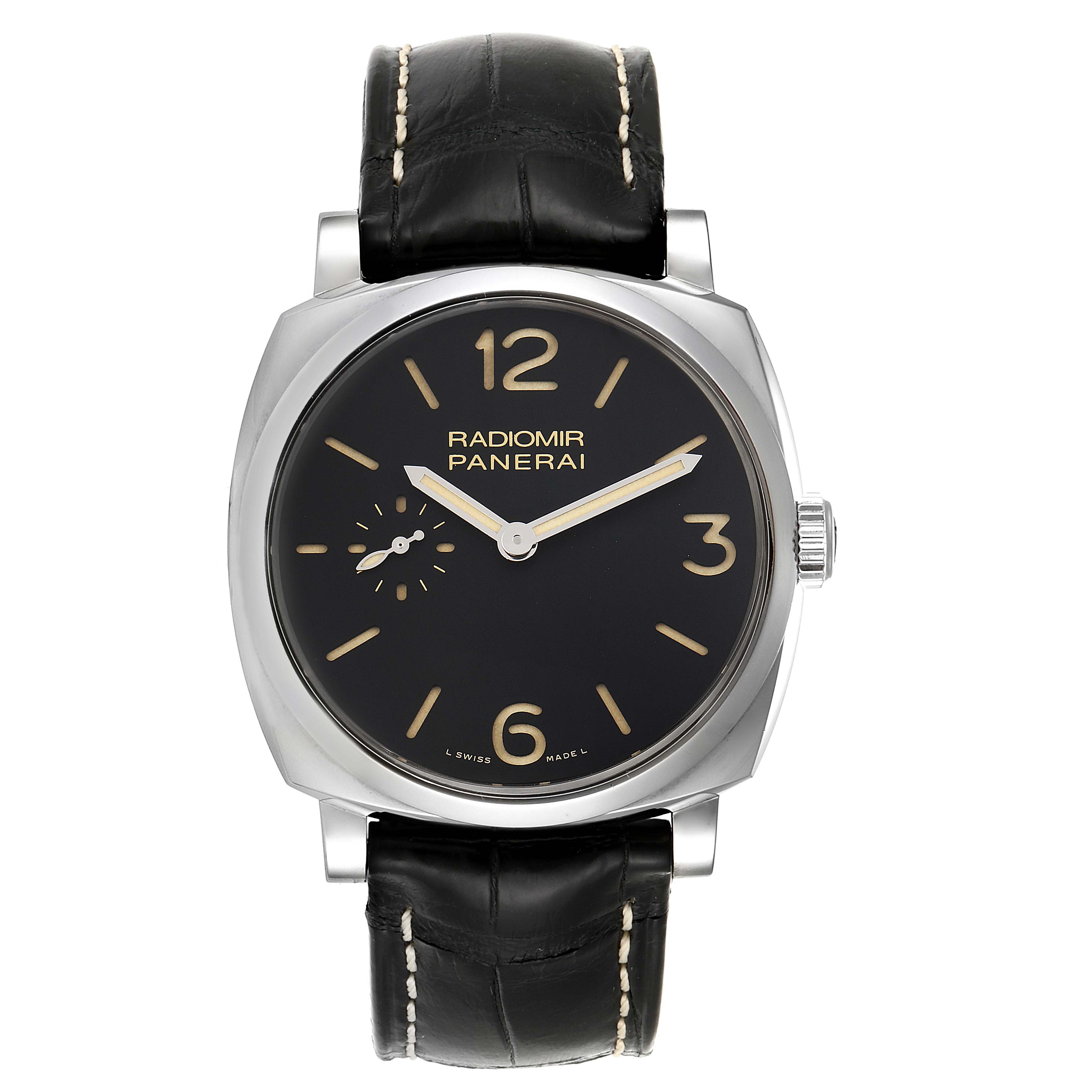 The Panerai Radiomir PAM00512 Men's Stainless Steel Black Dial PAM00512 Men's Stainless Steel Black Dial watch is shown from a front angle, displaying its dial, hands, and leather strap.