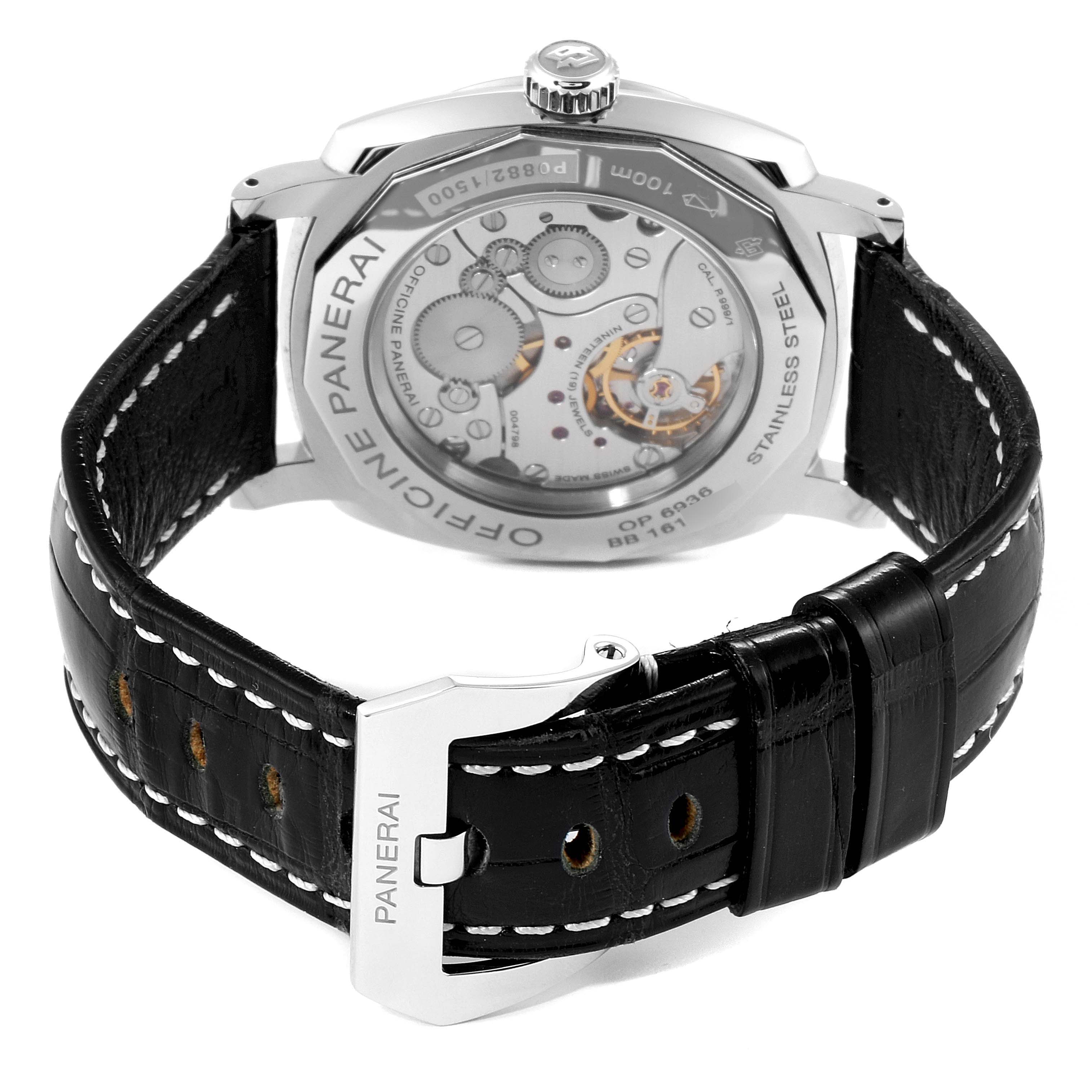 The image shows the back and movement of the Panerai Radiomir PAM00512 Men's Stainless Steel Black Dial PAM00512 Men's Stainless Steel Black Dial watch, highlighting its mechanical components and black leather strap.