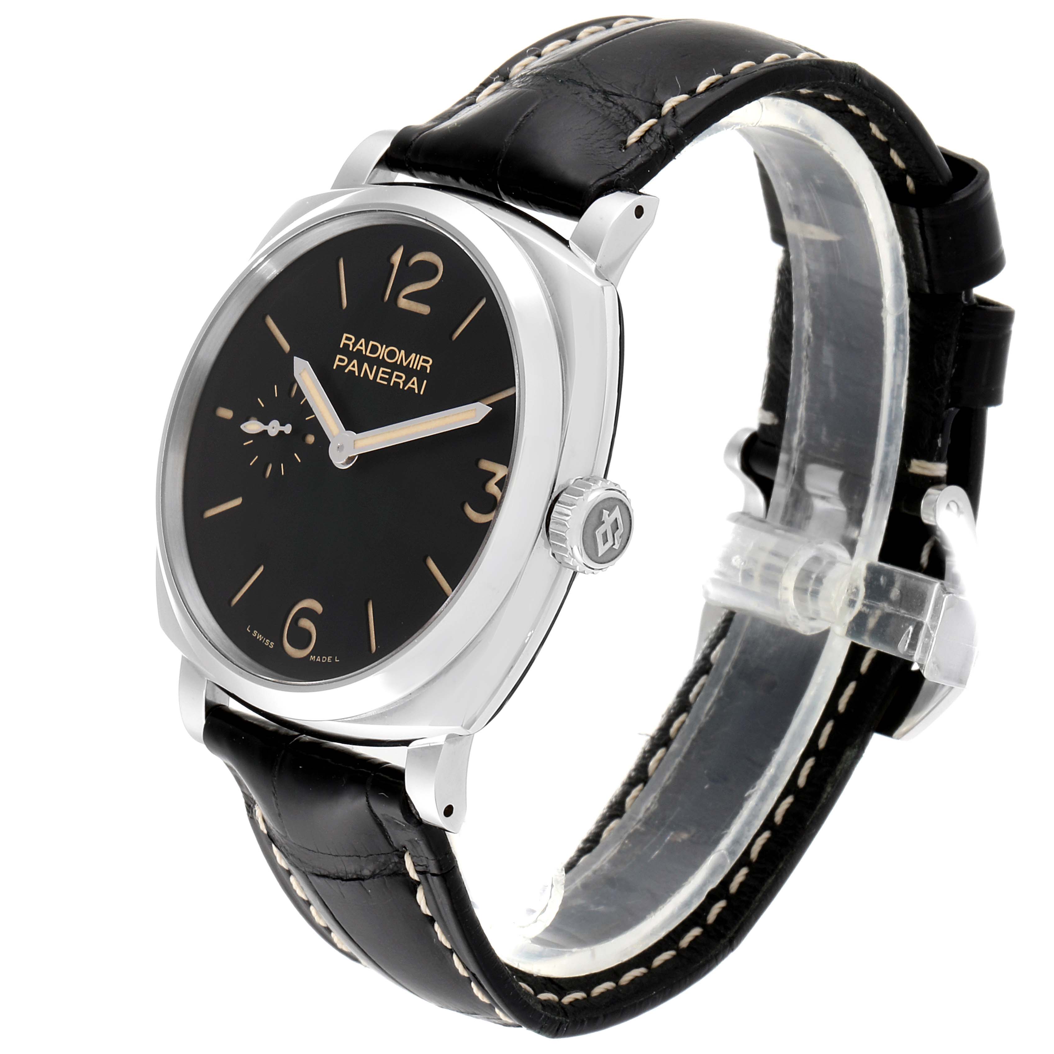 The image shows a side angle of a Panerai Radiomir PAM00512 Men's Stainless Steel Black Dial PAM00512 Men's Stainless Steel Black Dial watch, highlighting the black dial, crown, and leather strap.