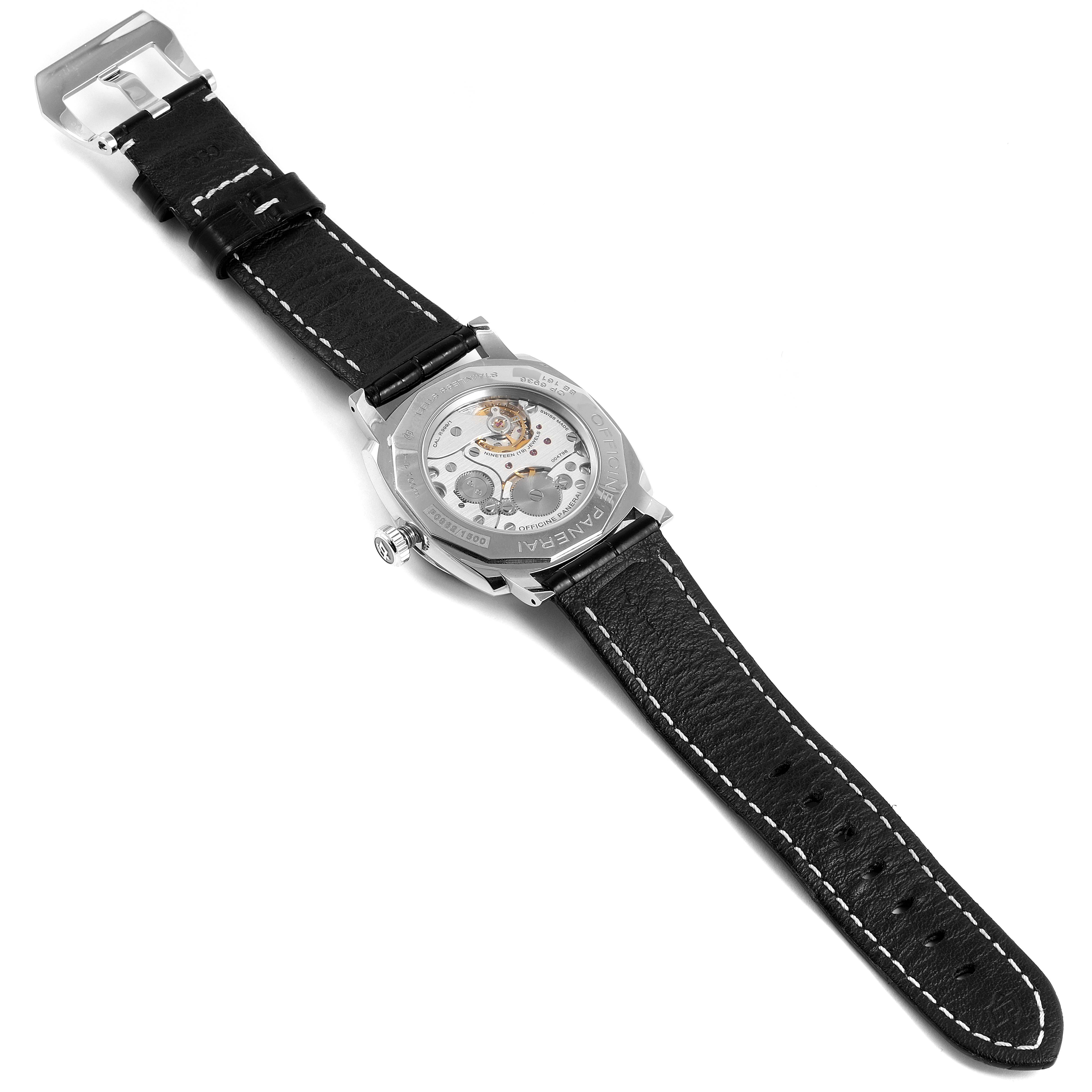 The image shows the back of a Panerai Radiomir PAM00512 Men's Stainless Steel Black Dial PAM00512 Men's Stainless Steel Black Dial watch, highlighting the watch movement and black leather strap.